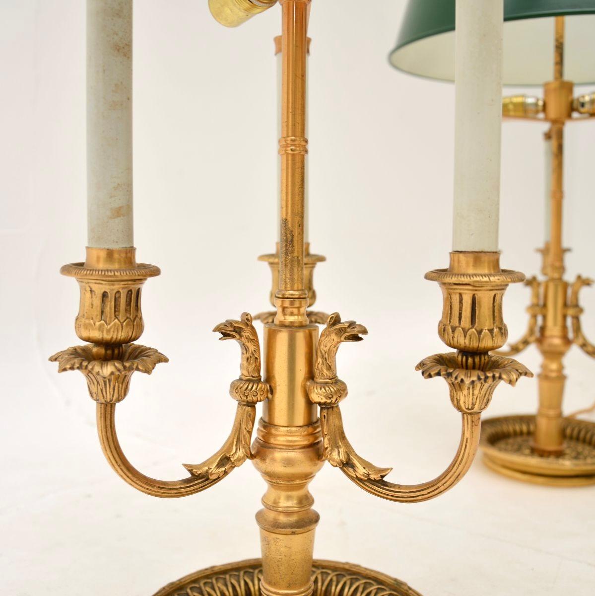 Pair of Antique Brass Table Lamps with Tole Shades For Sale 5