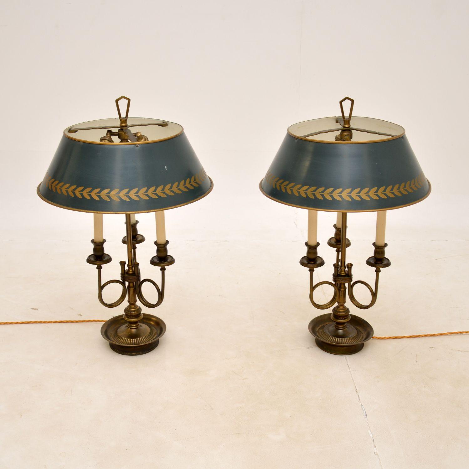 Neoclassical Pair of Antique Brass Table Lamps with Tole Shades