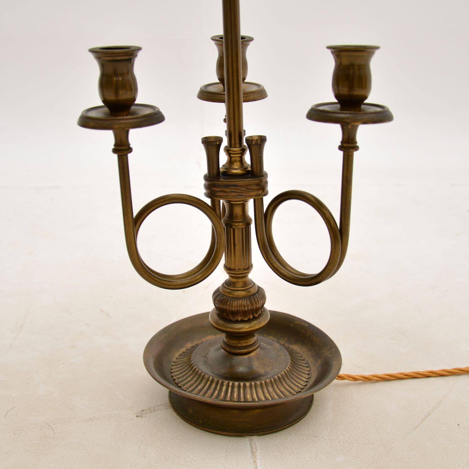 Pair of Antique Brass Table Lamps with Tole Shades 1