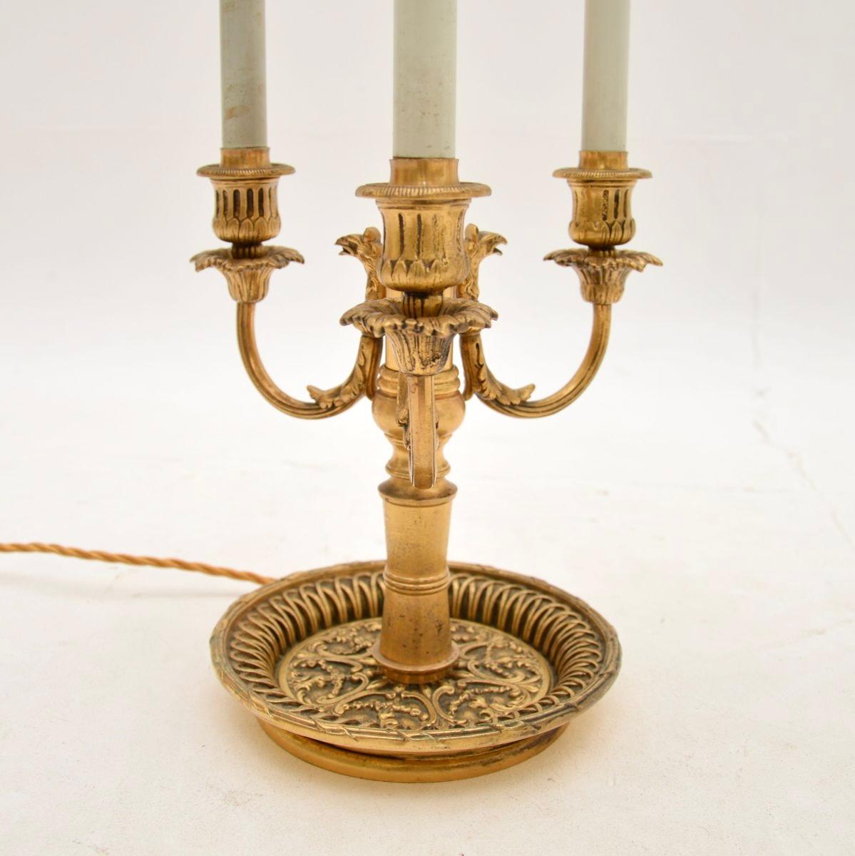 Pair of Antique Brass Table Lamps with Tole Shades For Sale 3