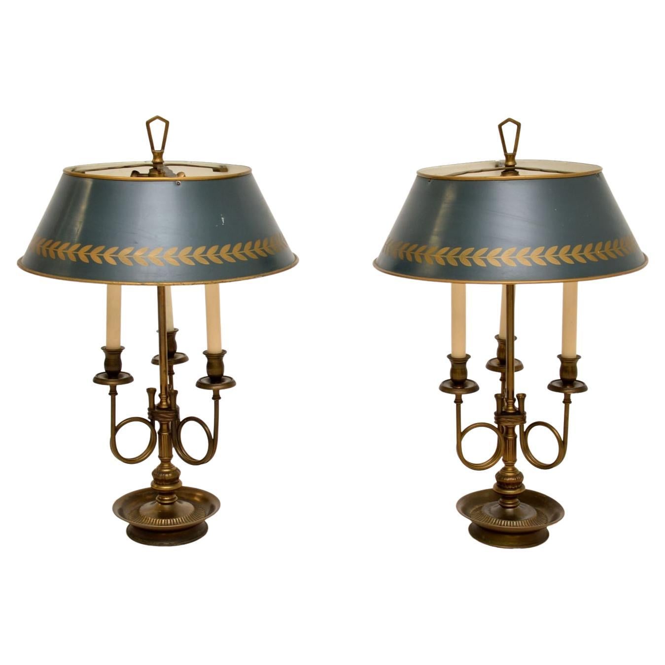 Pair of Antique Brass Table Lamps with Tole Shades