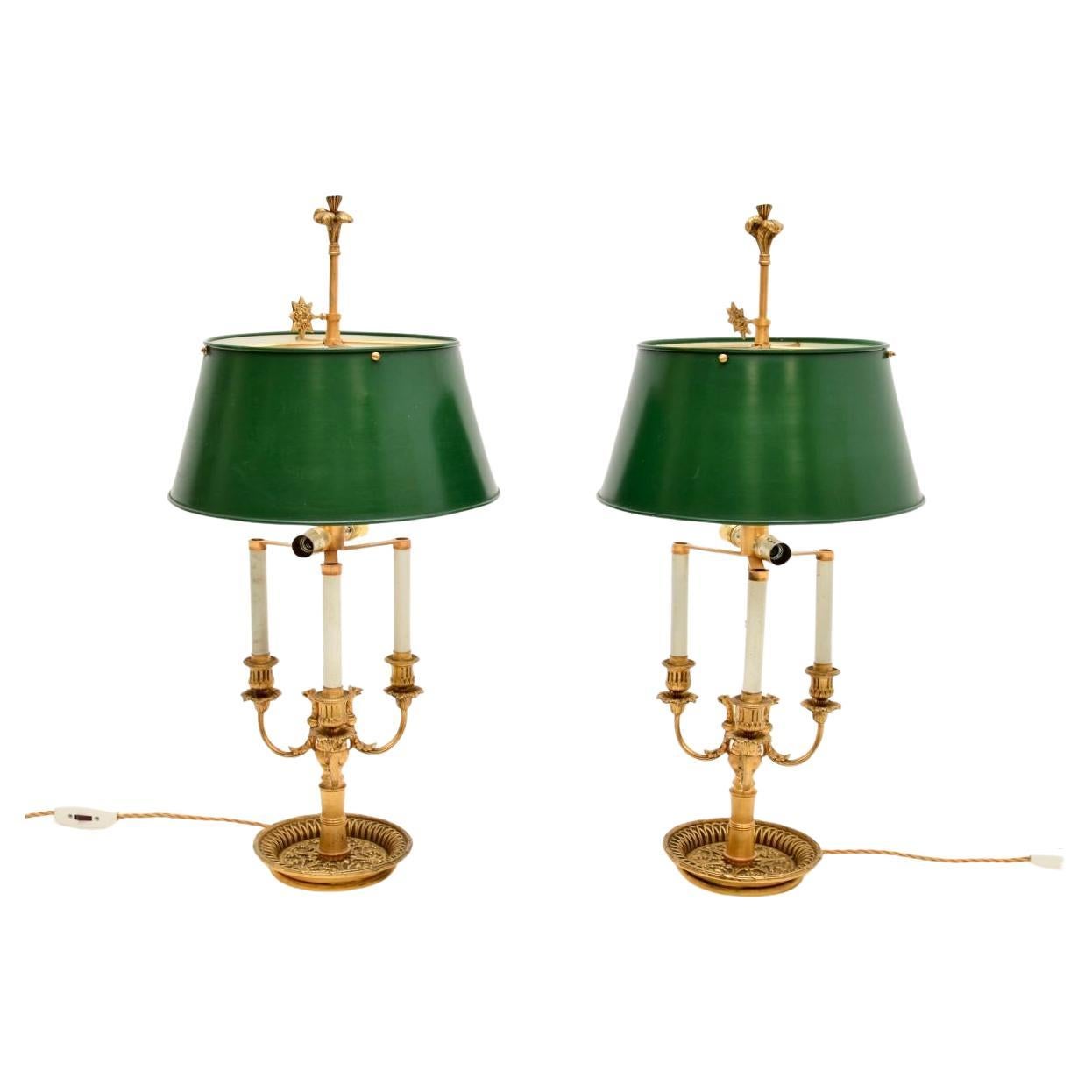 Pair of Antique Brass Table Lamps with Tole Shades