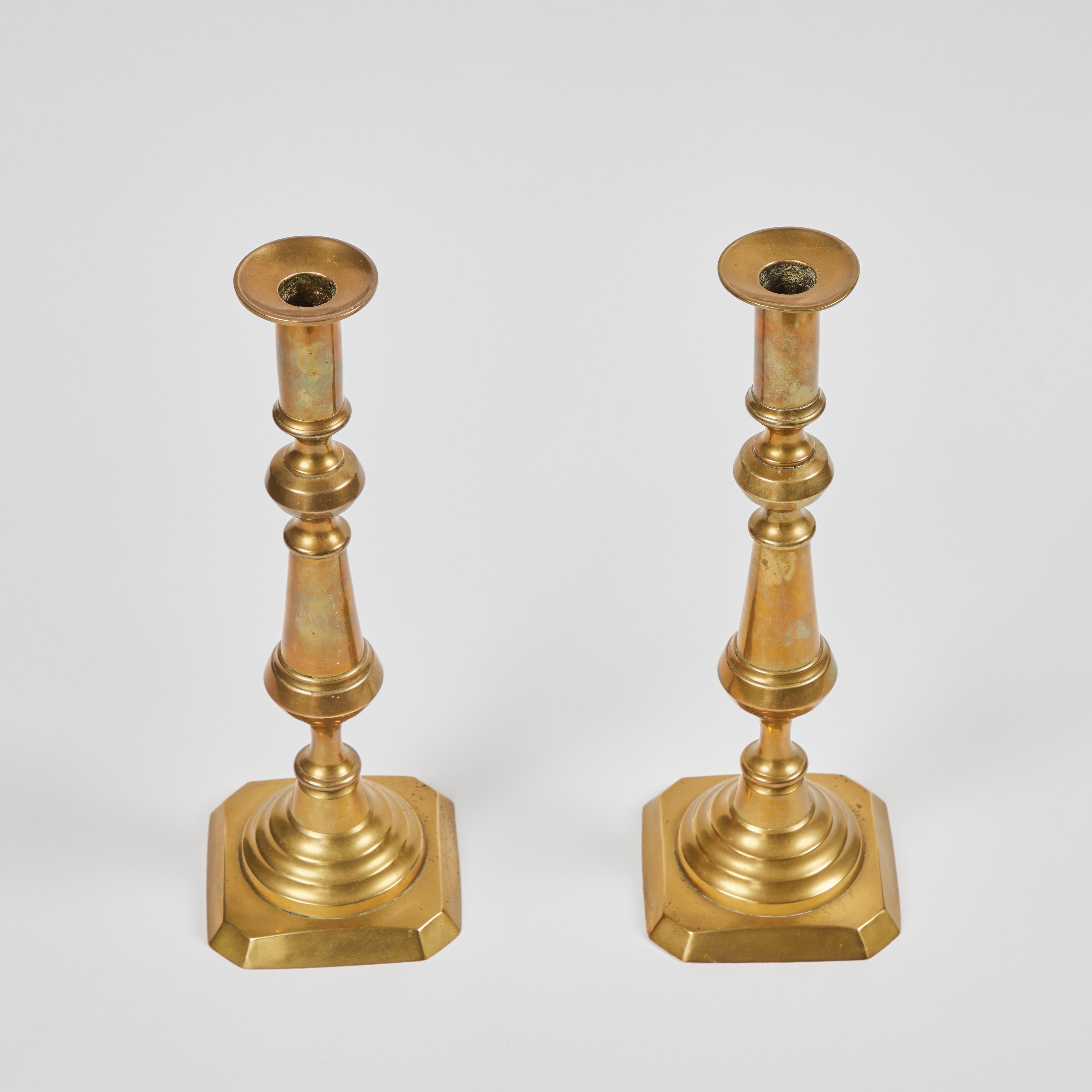 Pair of Antique Brass Tall Candlesticks with Wax Pusher In Good Condition In Pasadena, CA