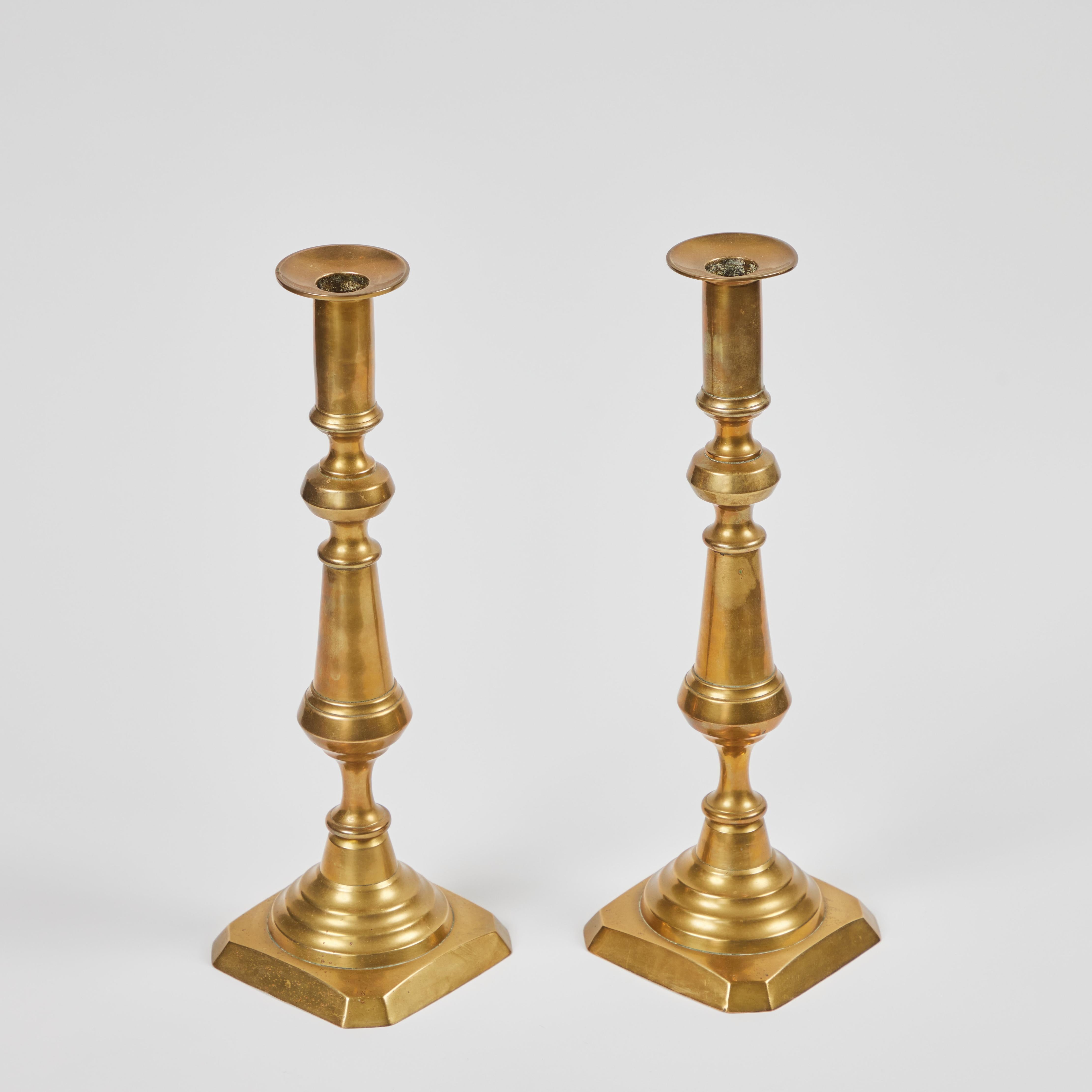 20th Century Pair of Antique Brass Tall Candlesticks with Wax Pusher
