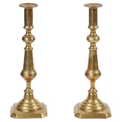 Pair of Antique Brass Tall Candlesticks with Wax Pusher