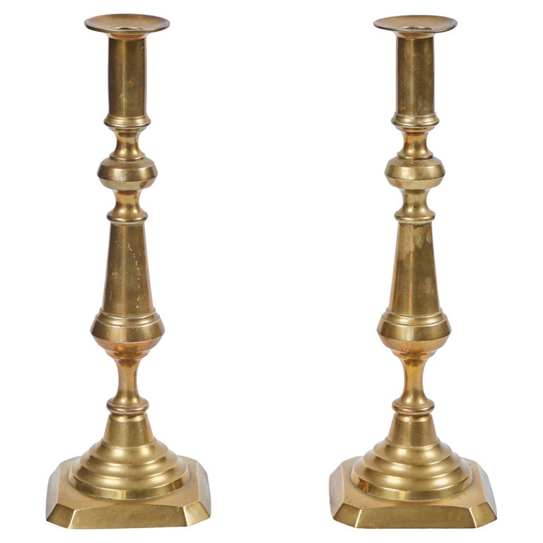 Pair of Antique Brass Tall Candlesticks with Wax Pusher For Sale at 1stDibs