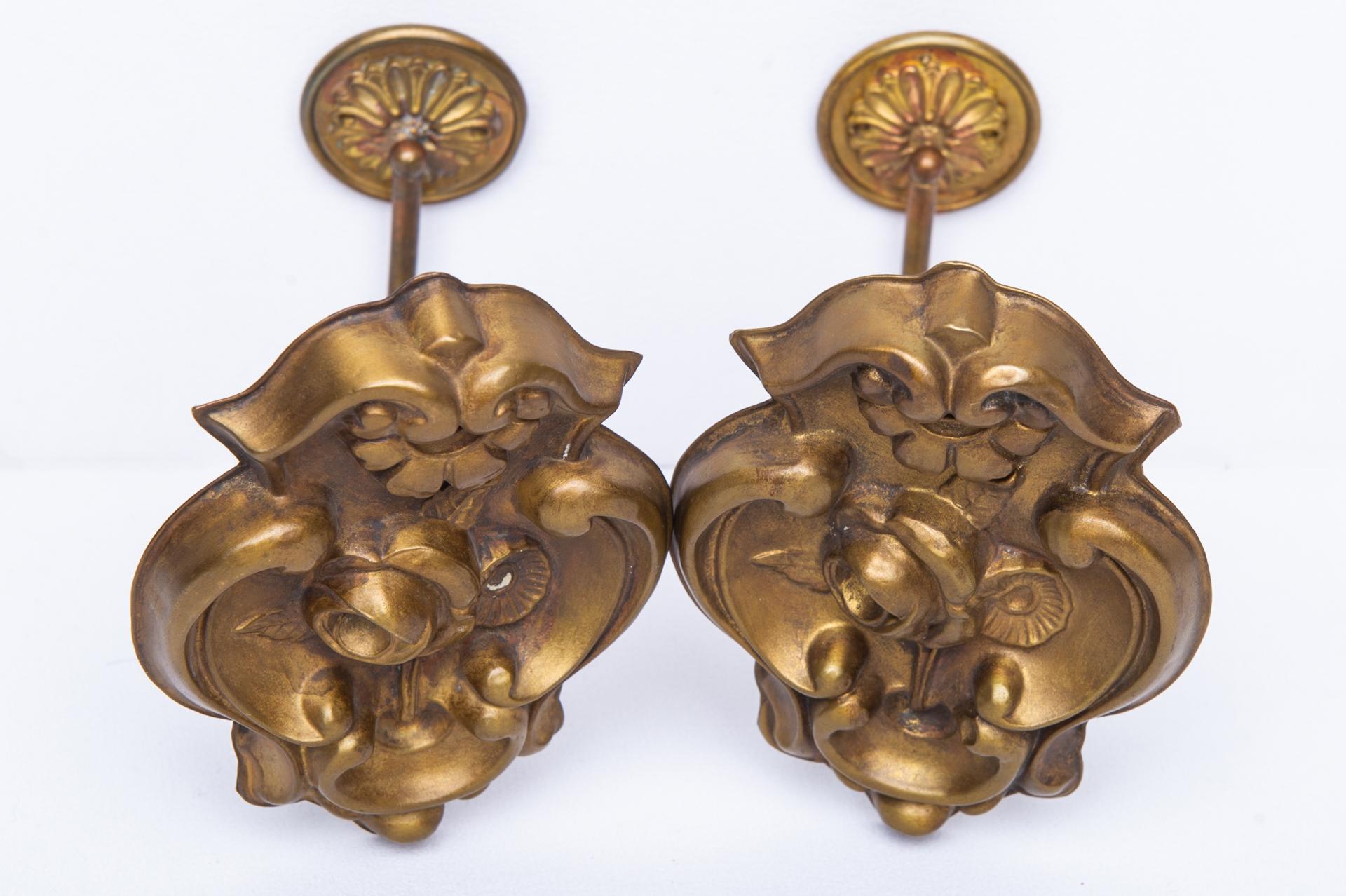 Art Nouveau Pair of Antique Brass Curtain Tie-Backs with Roses For Sale