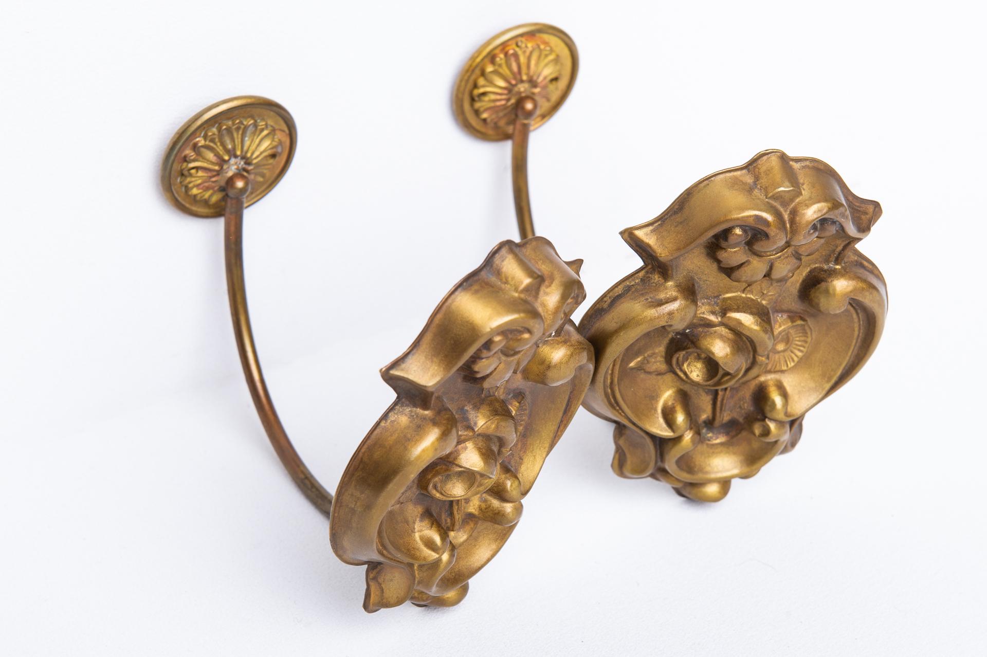 French Pair of Antique Brass Curtain Tie-Backs with Roses For Sale