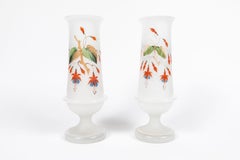 Pair of Antique Bristol Hand Painted Footed Frosted Glass Vases