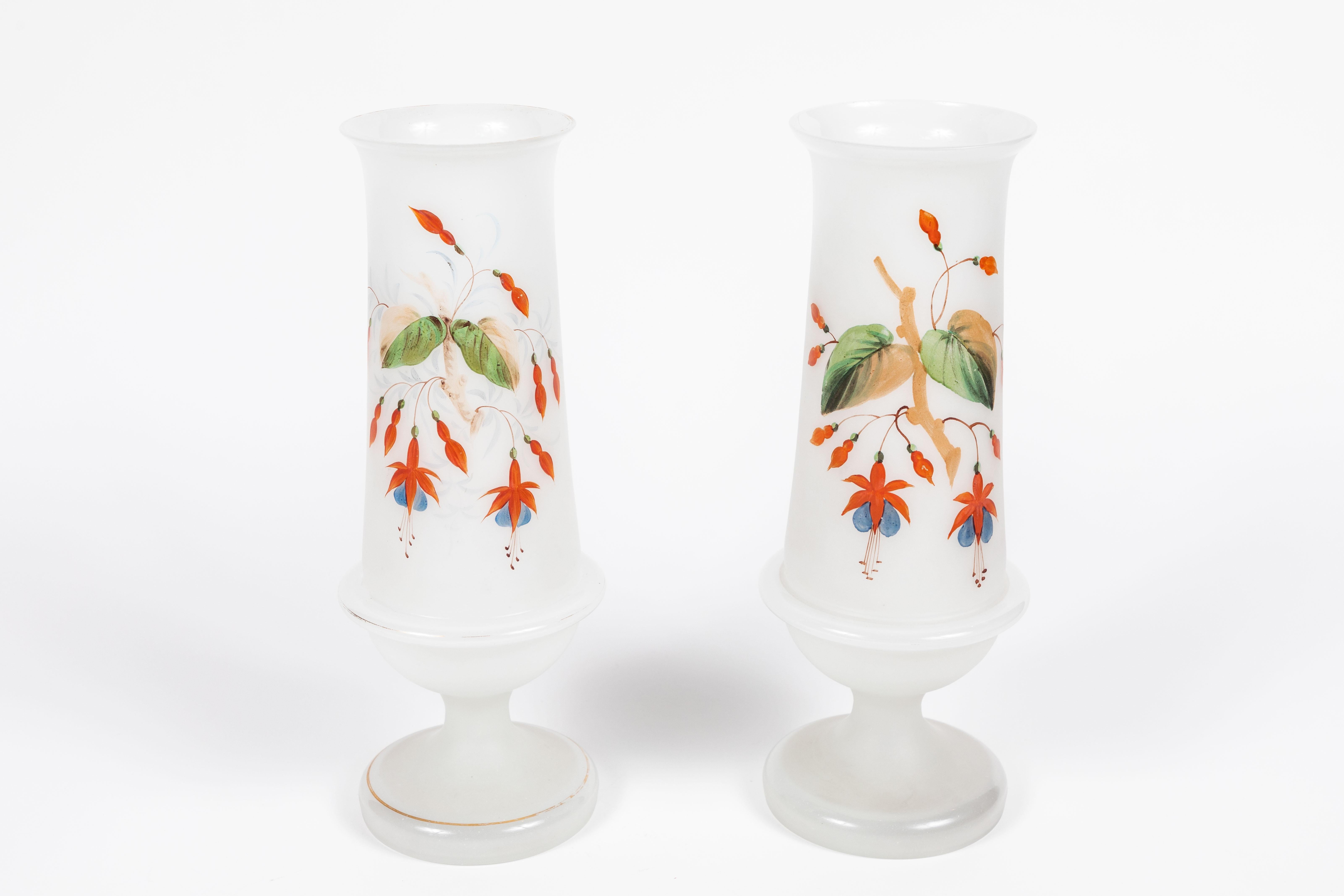 19th Century Pair of Antique Bristol Hand Painted Footed Frosted Glass Vases