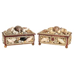 Pair of Antique British Colonial Seashell Encrusted Jewelry Boxes