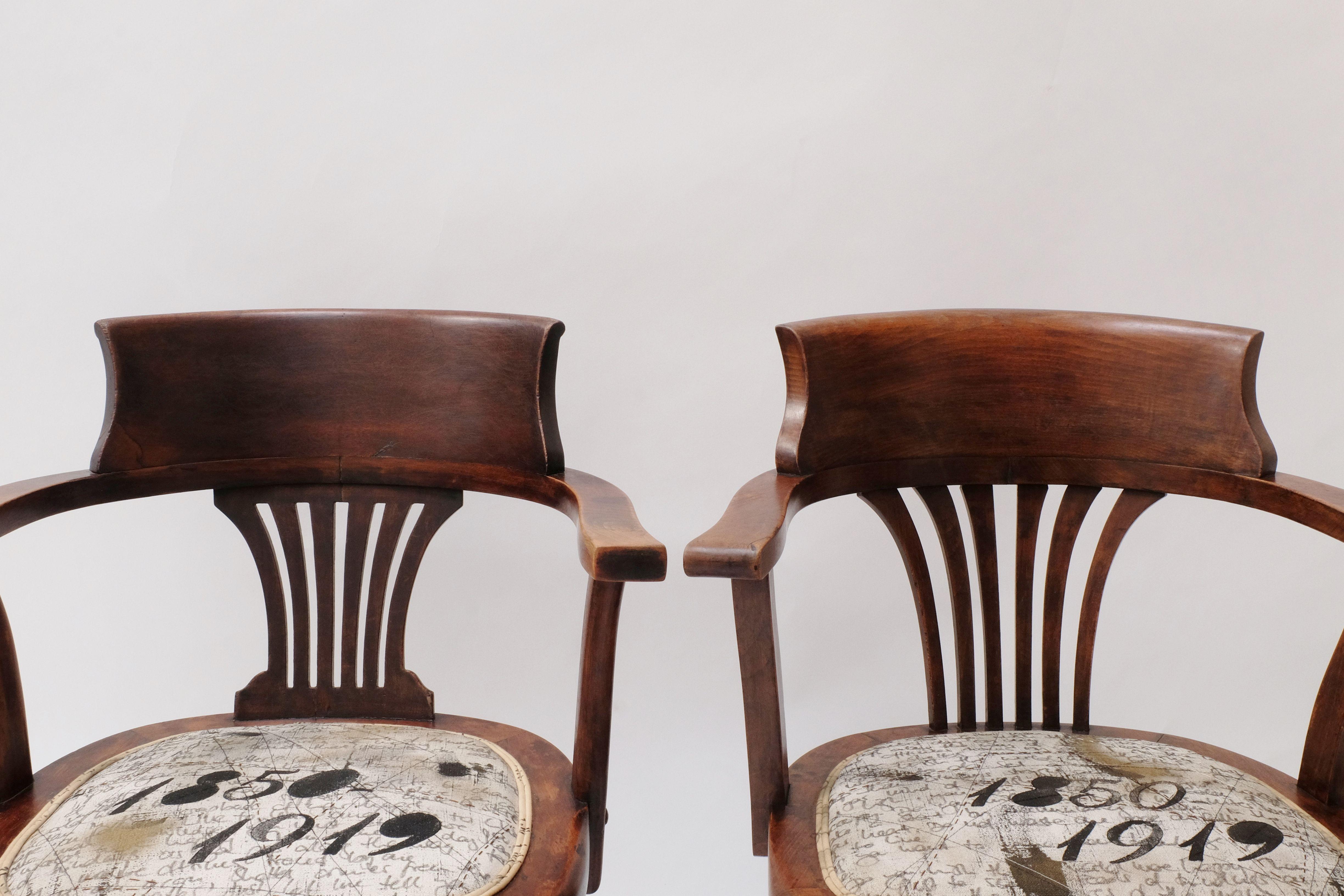 Linen Pair of Antique British Elbow Office Chairs circa 1920 For Sale