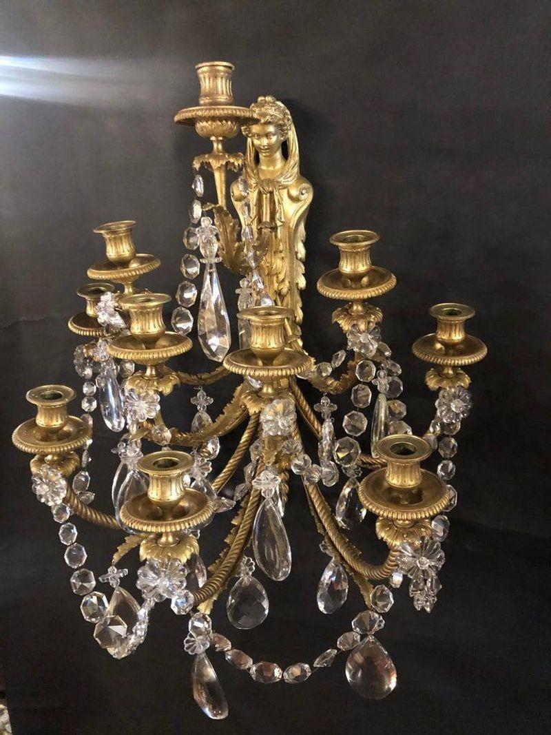 19th Century Pair of Antique Bronze and Crystal Sconces by Paul Garnier For Sale