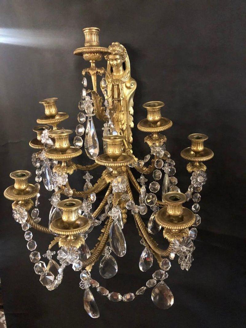 Pair of Antique Bronze and Crystal Sconces by Paul Garnier For Sale 3