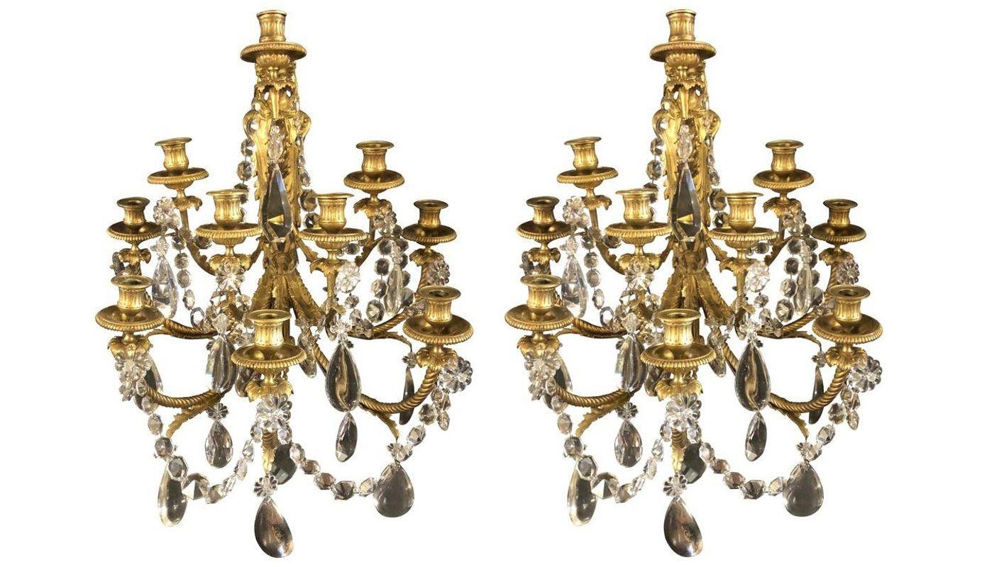 Pair of Antique Bronze and Crystal Sconces by Paul Garnier For Sale 4