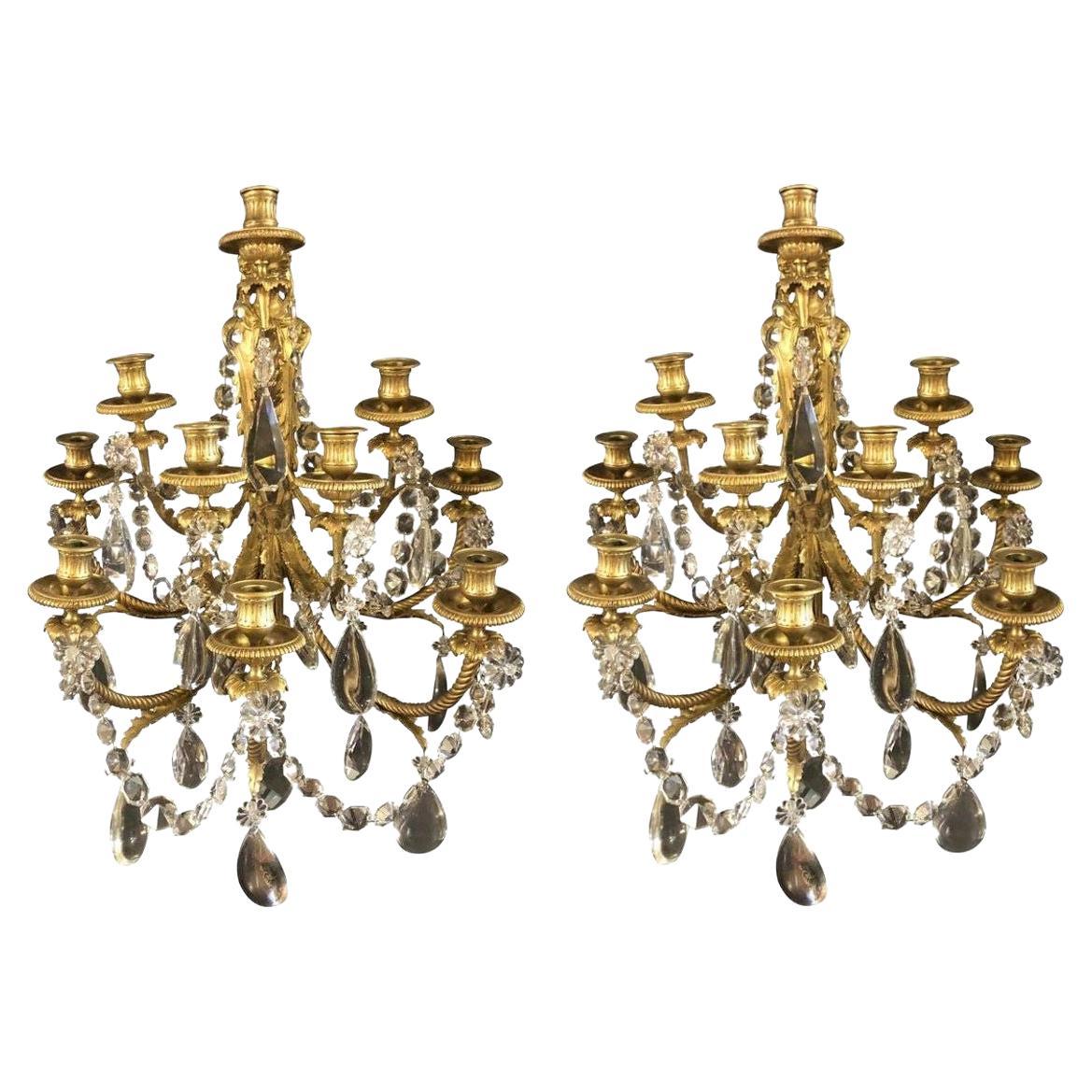 Pair of Antique Bronze and Crystal Sconces by Paul Garnier For Sale