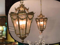 Pair of Antique Bronze and Glass Lanterns in the French Taste