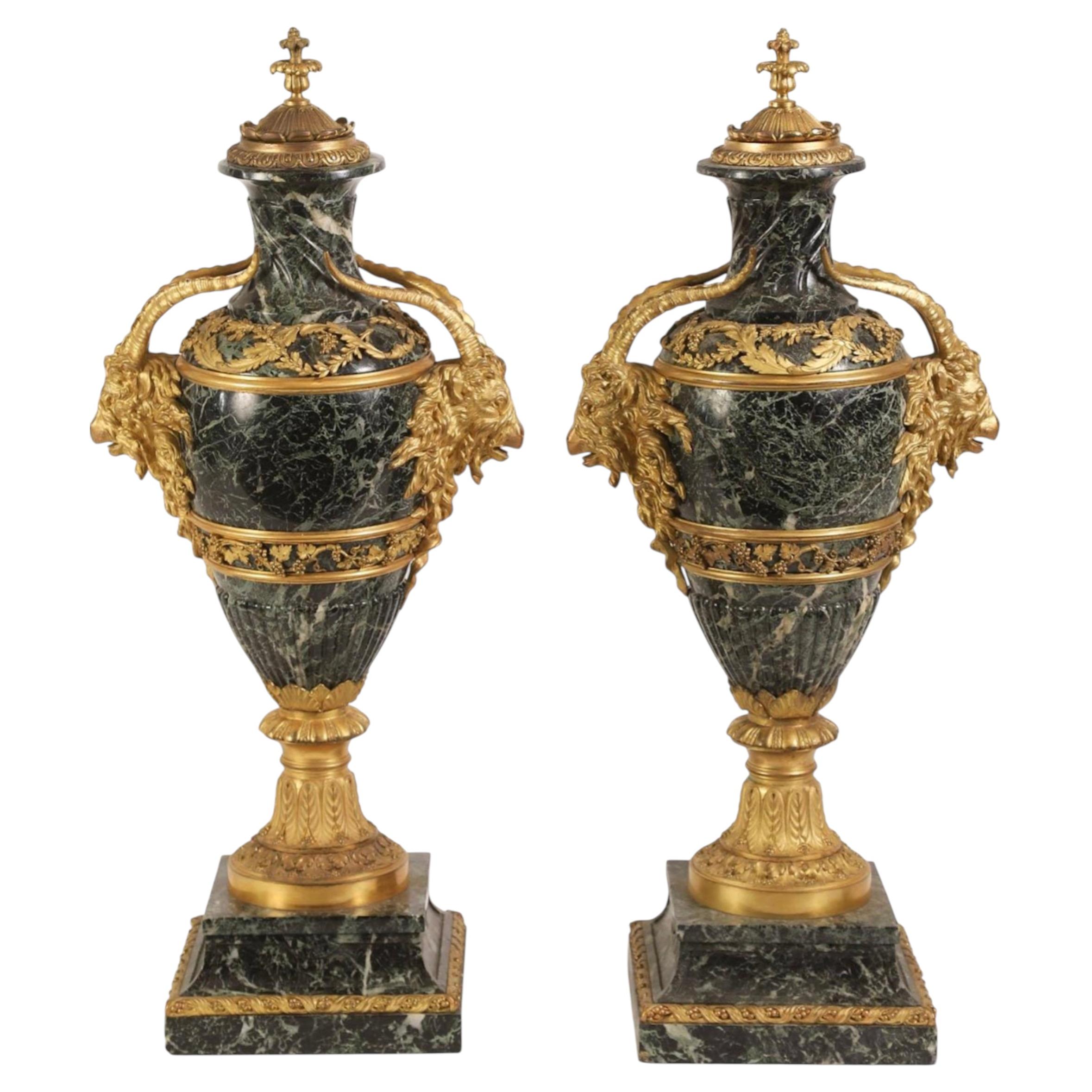 Pair of Antique Bronze and Green Marble Urns and Covers For Sale