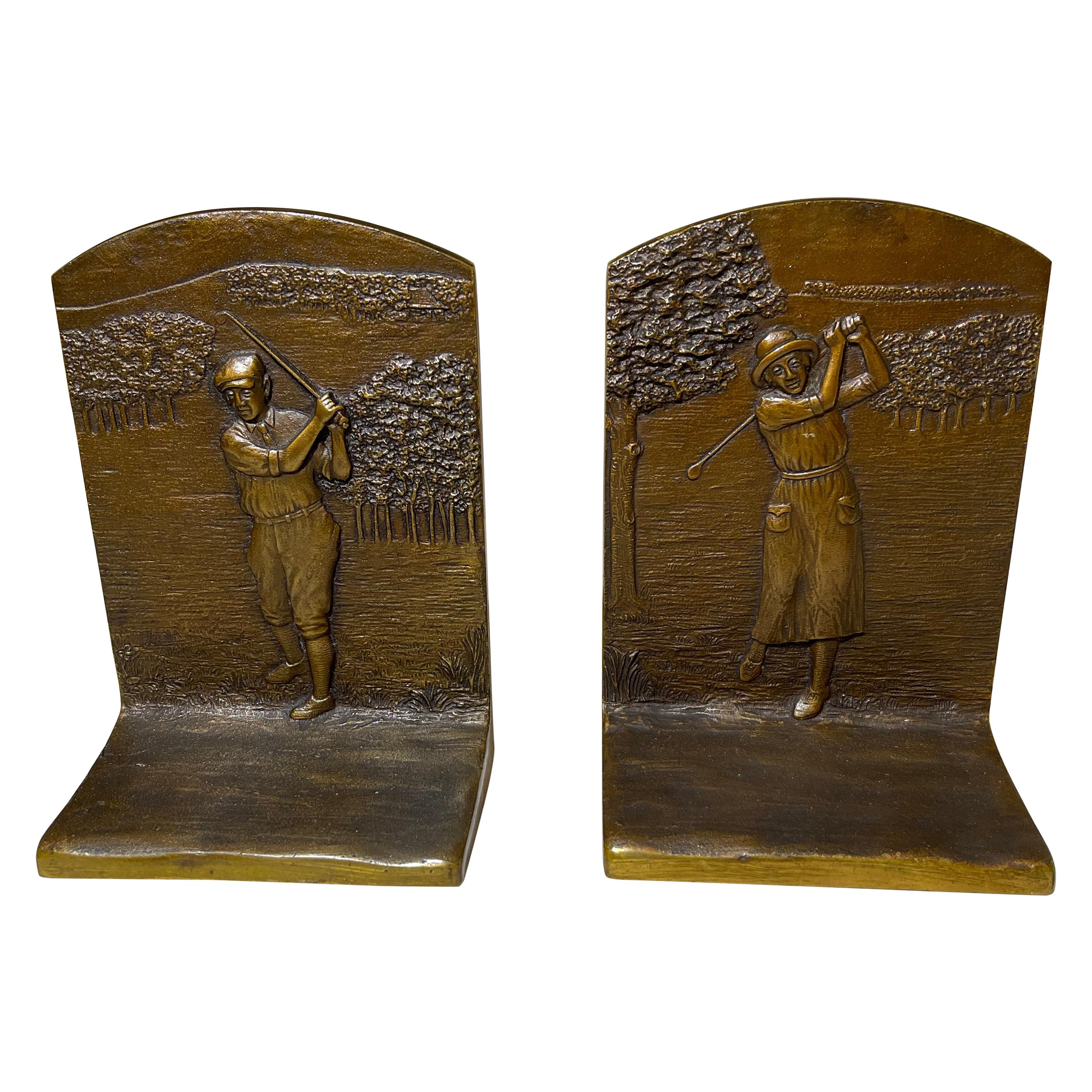 Pair of Antique Bronze Bookends of Male & Female Golfer, Judd Co. ca. 1920