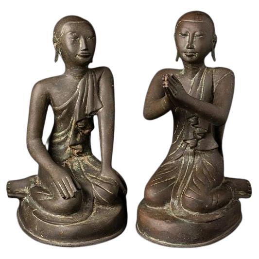 Pair of Antique Bronze Burmese Monk Statues from Burma