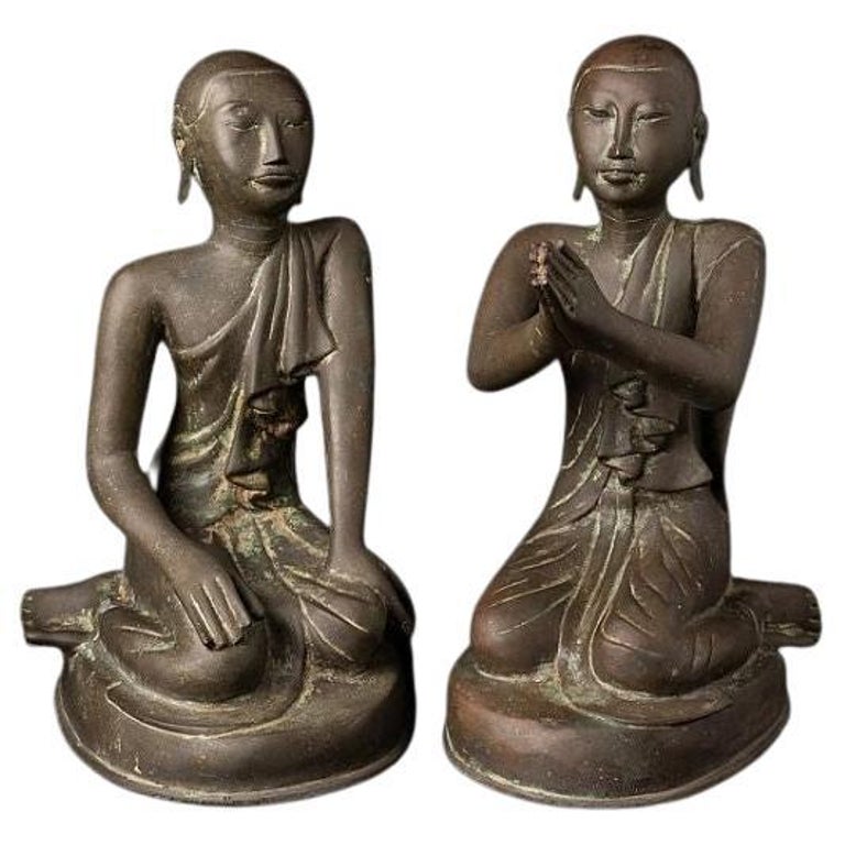 Pair of Antique Bronze Burmese Monk Statues from Burma For Sale at 1stDibs