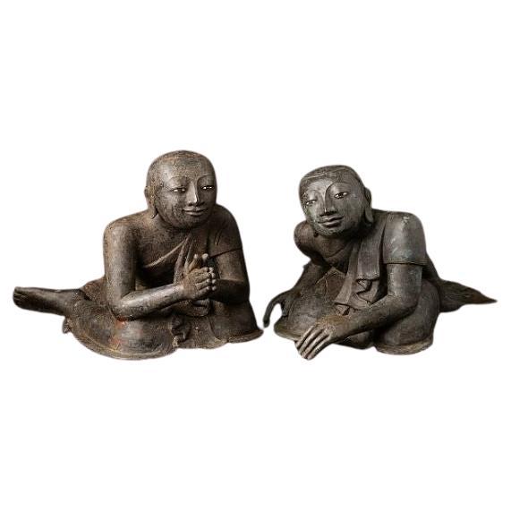 Pair of Antique Bronze Burmese Monk Statues from Burma