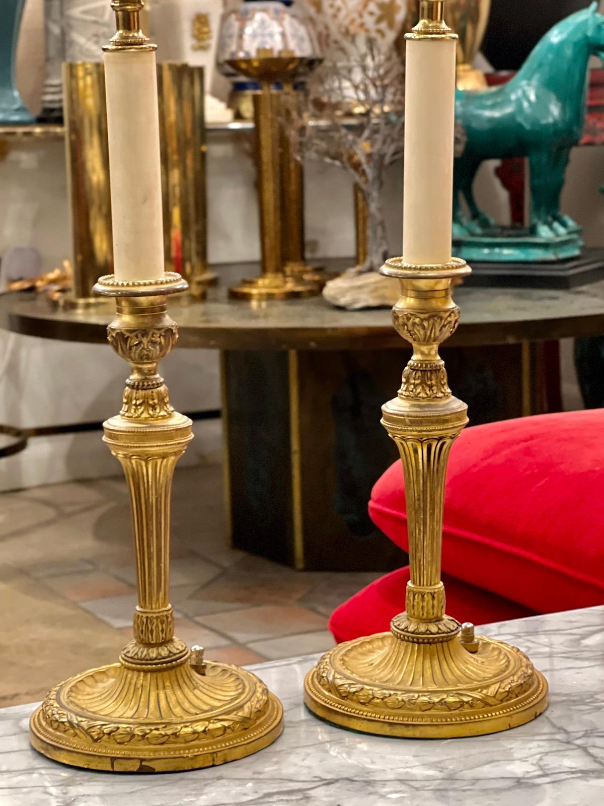 French Pair of Antique Bronze Candlestick Lamps For Sale