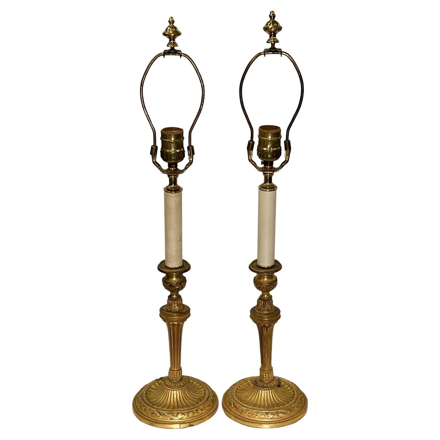 Pair of Antique Bronze Candlestick Lamps For Sale