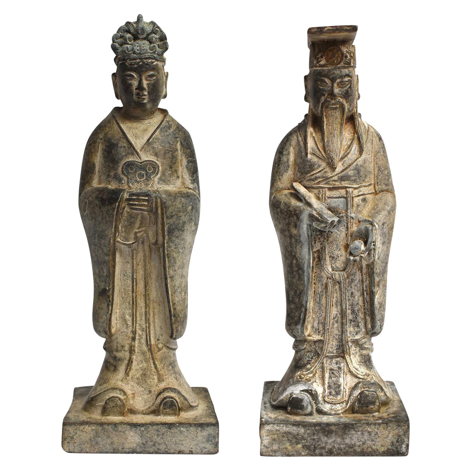 Pair of Antique Bronze Chinese Officials For Sale