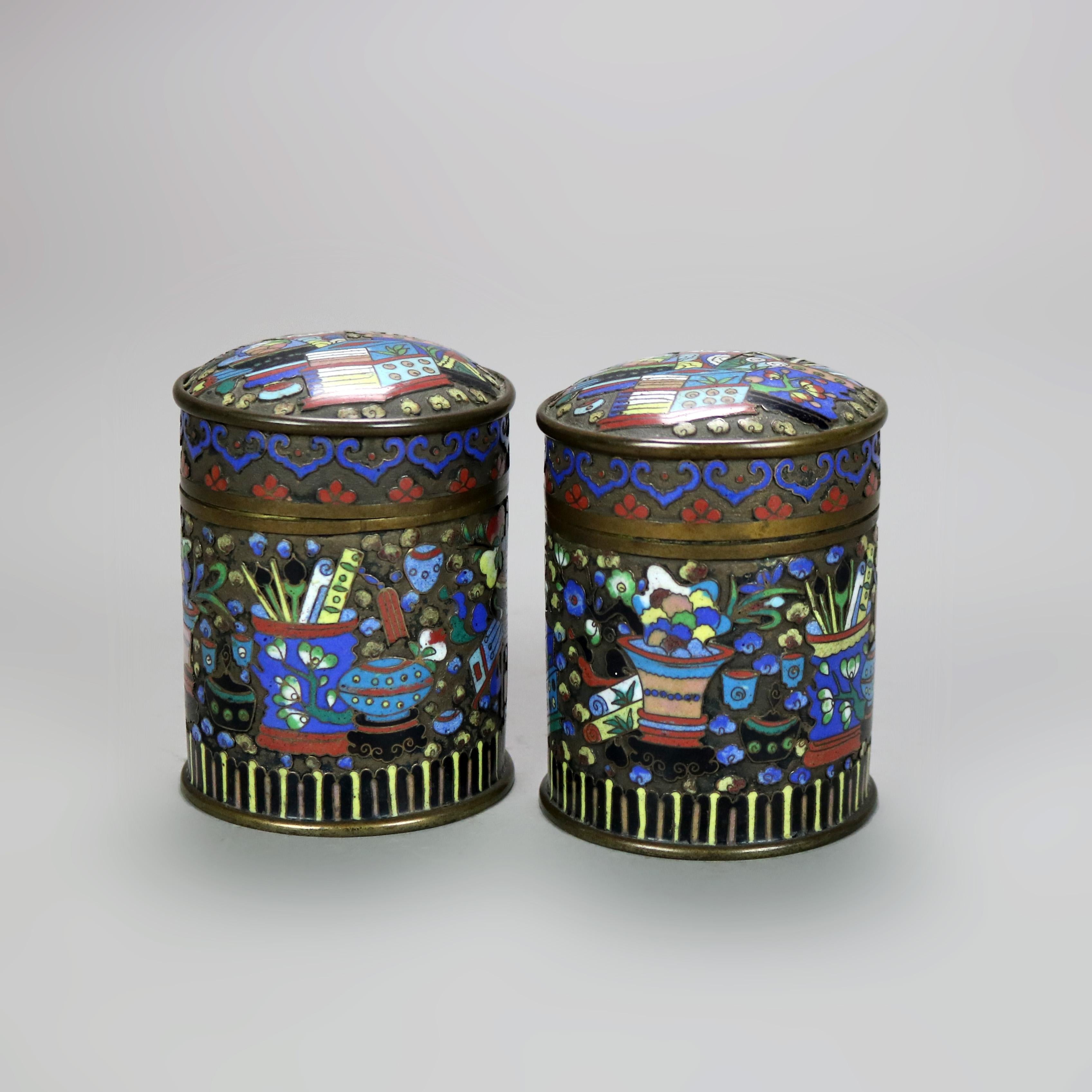Pair of Antique Bronze Cloisonne Enameled Tea Canisters C1900

Measures - 3 7/8