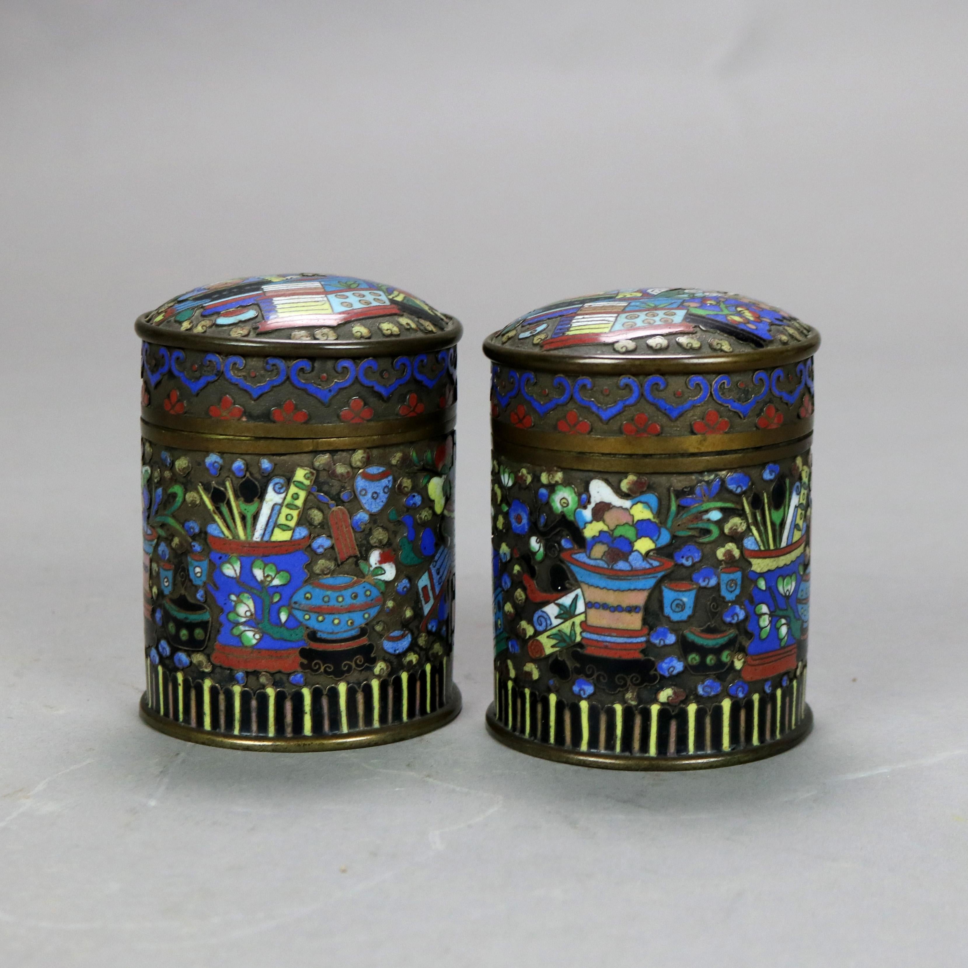 Asian Pair of Antique Bronze Cloisonne Enameled Tea Canisters C1900 For Sale