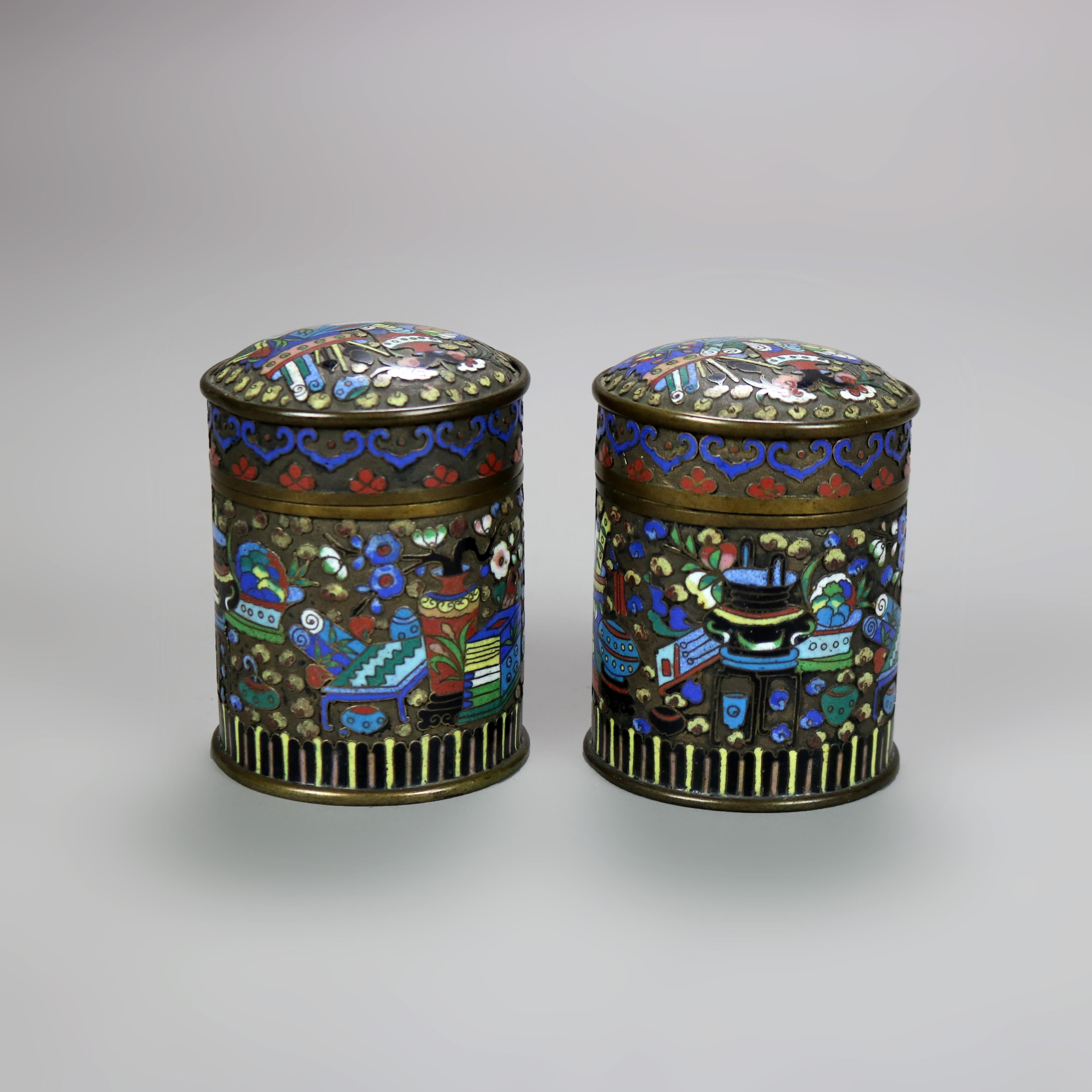 Pair of Antique Bronze Cloisonne Enameled Tea Canisters C1900 In Good Condition For Sale In Big Flats, NY