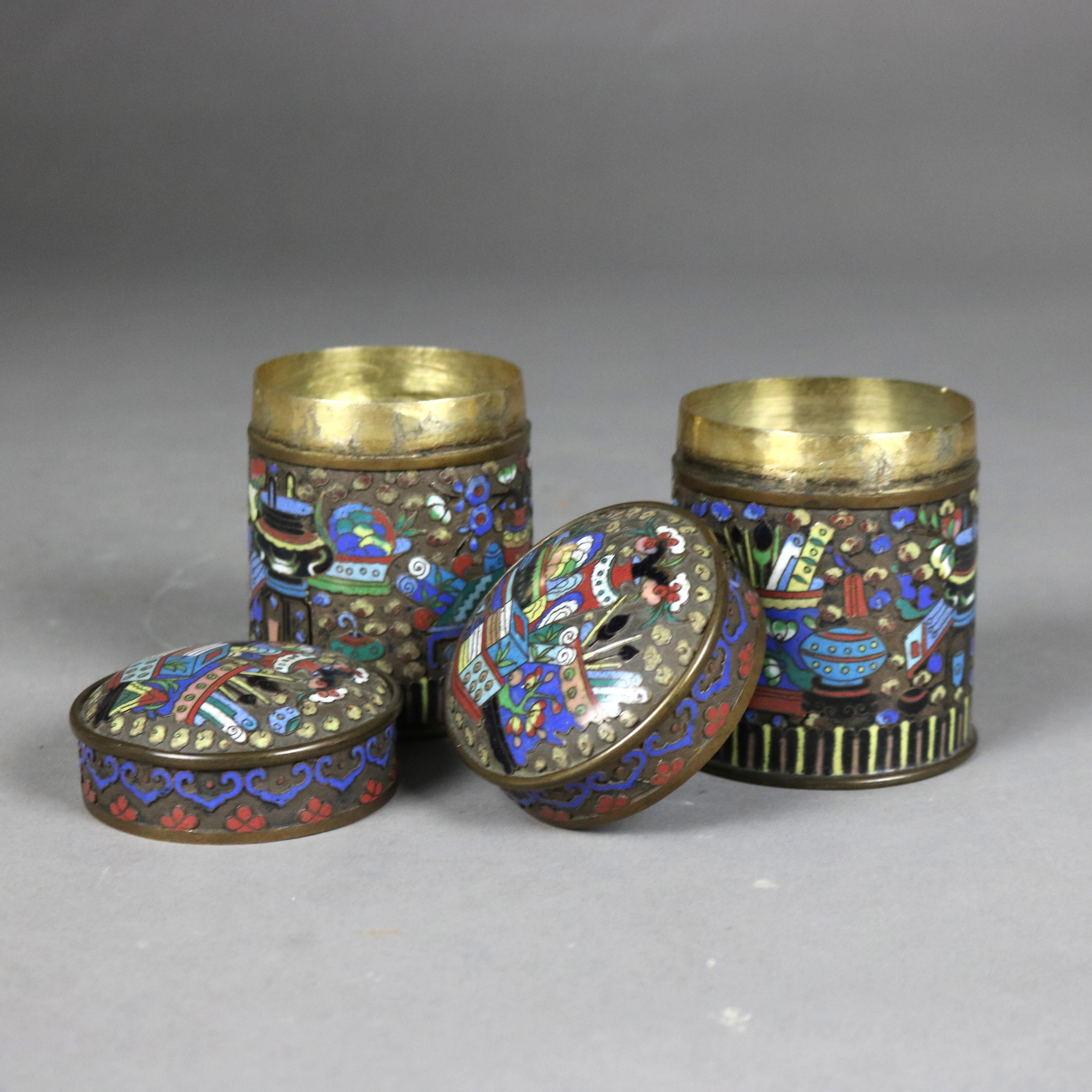Metal Pair of Antique Bronze Cloisonne Enameled Tea Canisters C1900 For Sale