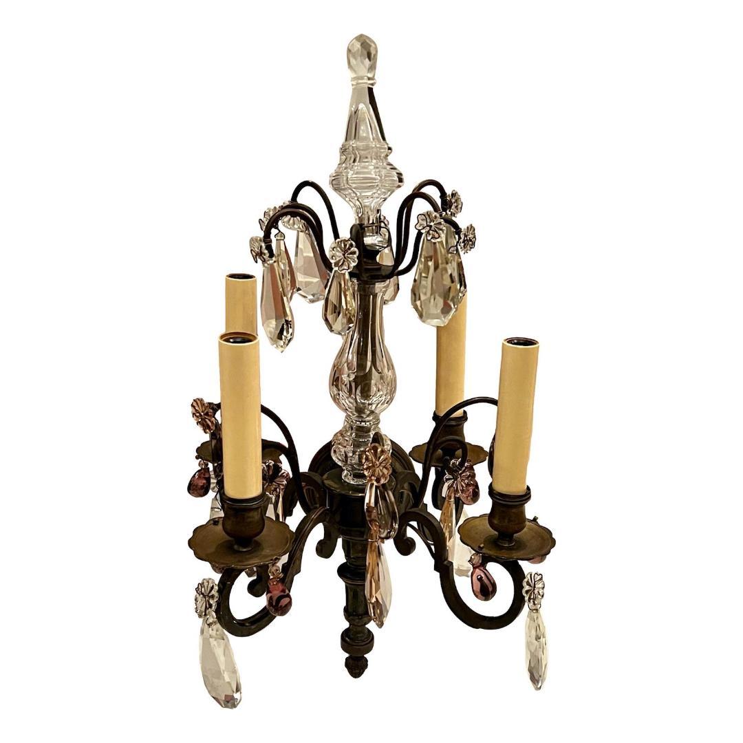 Pair of circa 1920's French four-light bronze and crystal sconces.

Measurements:
Height: 19