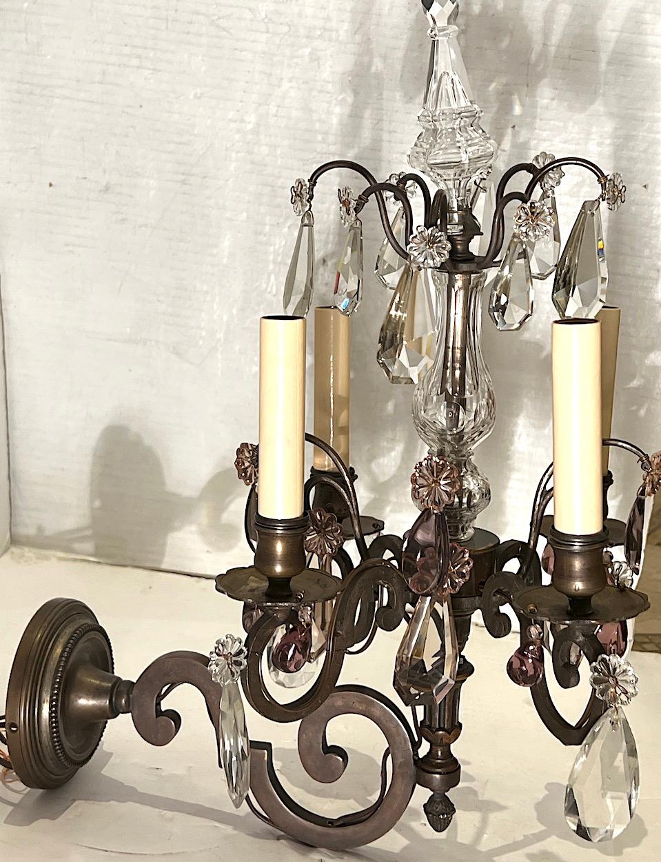 Early 20th Century Pair of Antique Bronze & Crystal Sconces For Sale