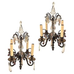 Pair of Antique Bronze & Crystal Sconces