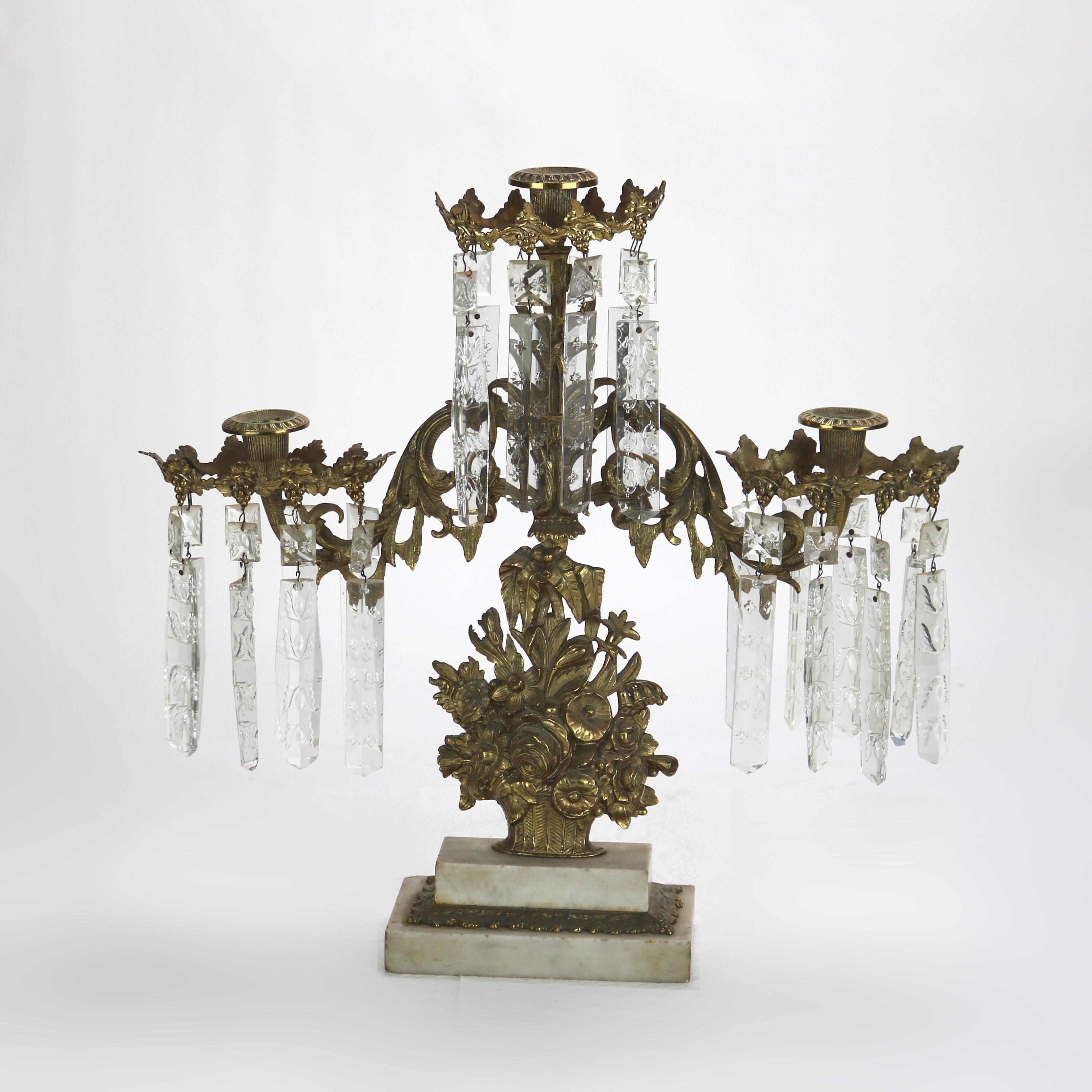 Coppia di Girandole a tre luci con cesto floreale in bronzo antico e cristallo con base in marmo C1880.
17
