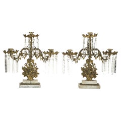 Pair of Antique Bronze & Crystal Three-Light Floral Basket Girandoles C1880