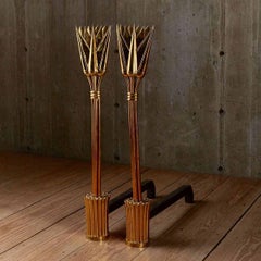 Antique Bronze Art Deco Andirons, Stylized Lotus Motif, Europe, 1920