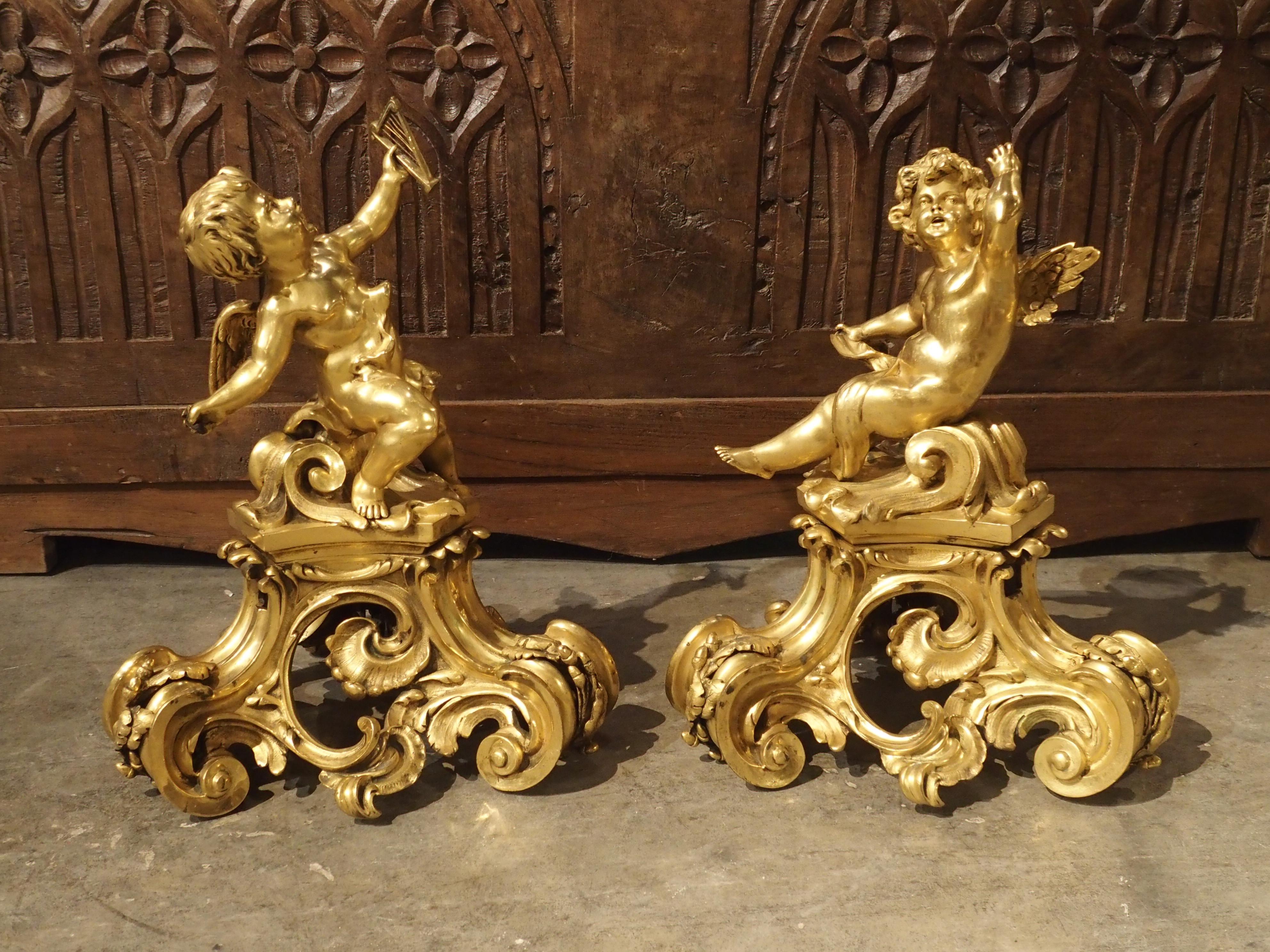 Pair of Antique Bronze Dore Cherub Chenets from France, 19th Century 4