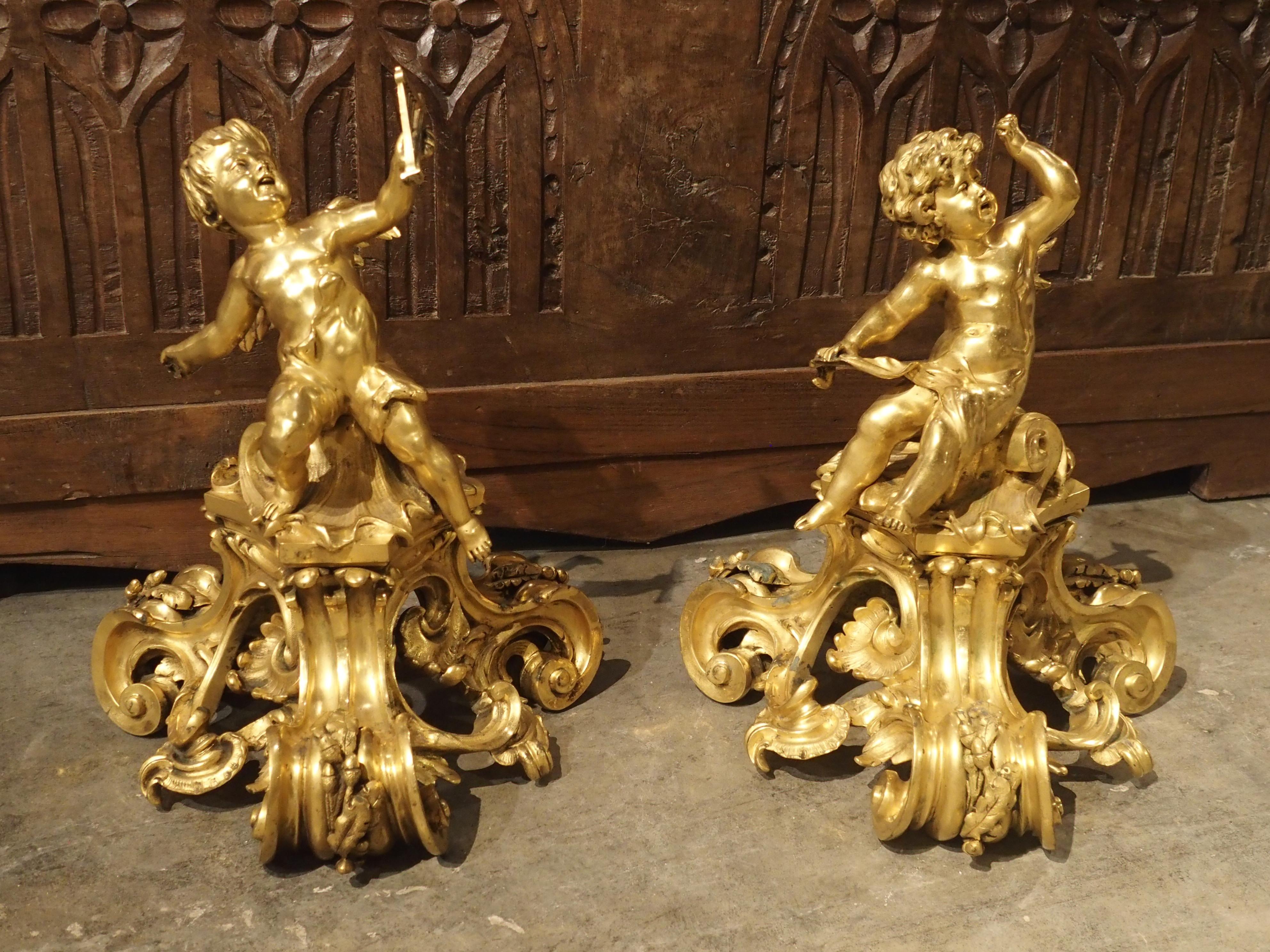 Pair of Antique Bronze Dore Cherub Chenets from France, 19th Century 10