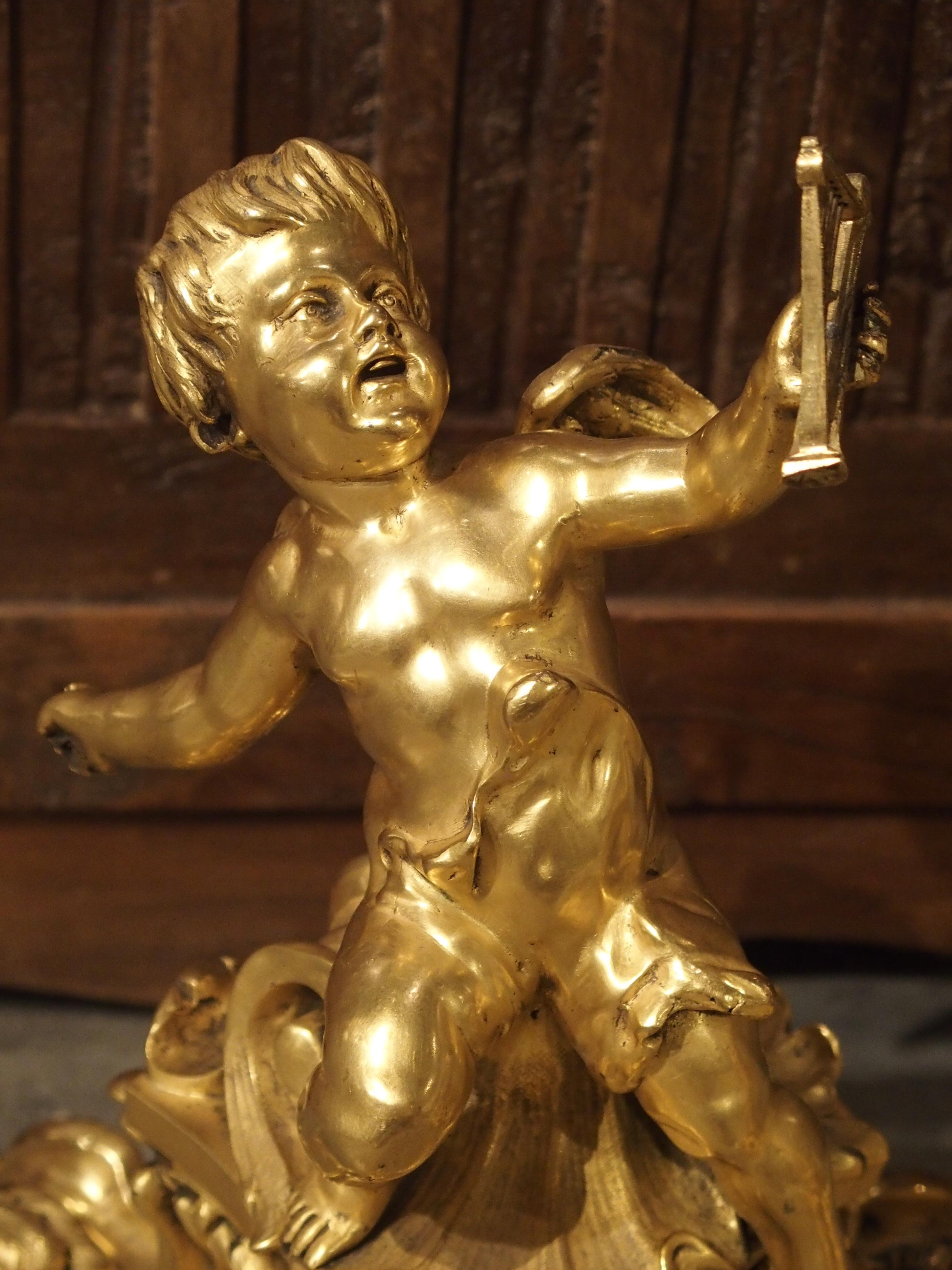 French Pair of Antique Bronze Dore Cherub Chenets from France, 19th Century