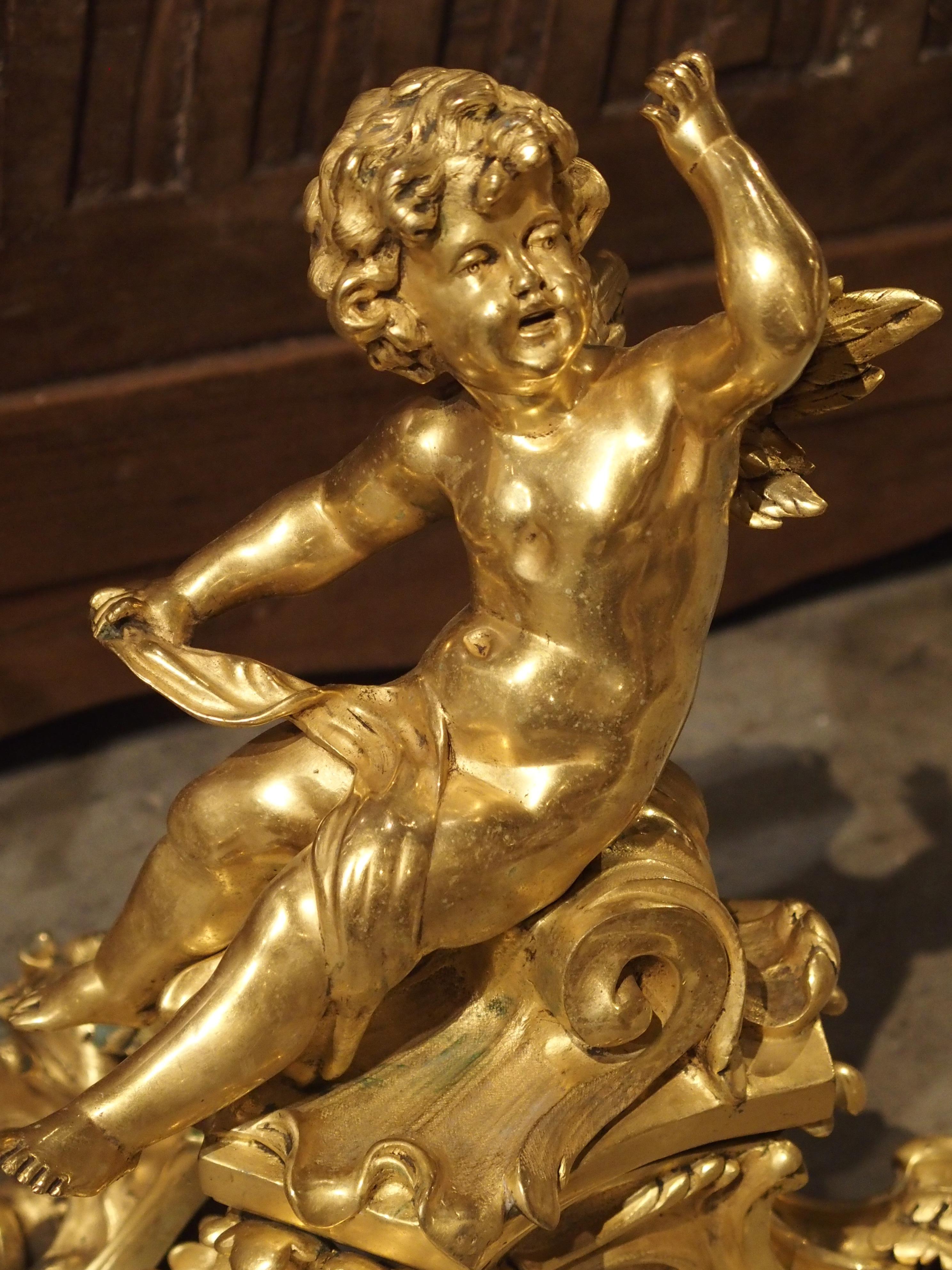 Gilt Pair of Antique Bronze Dore Cherub Chenets from France, 19th Century