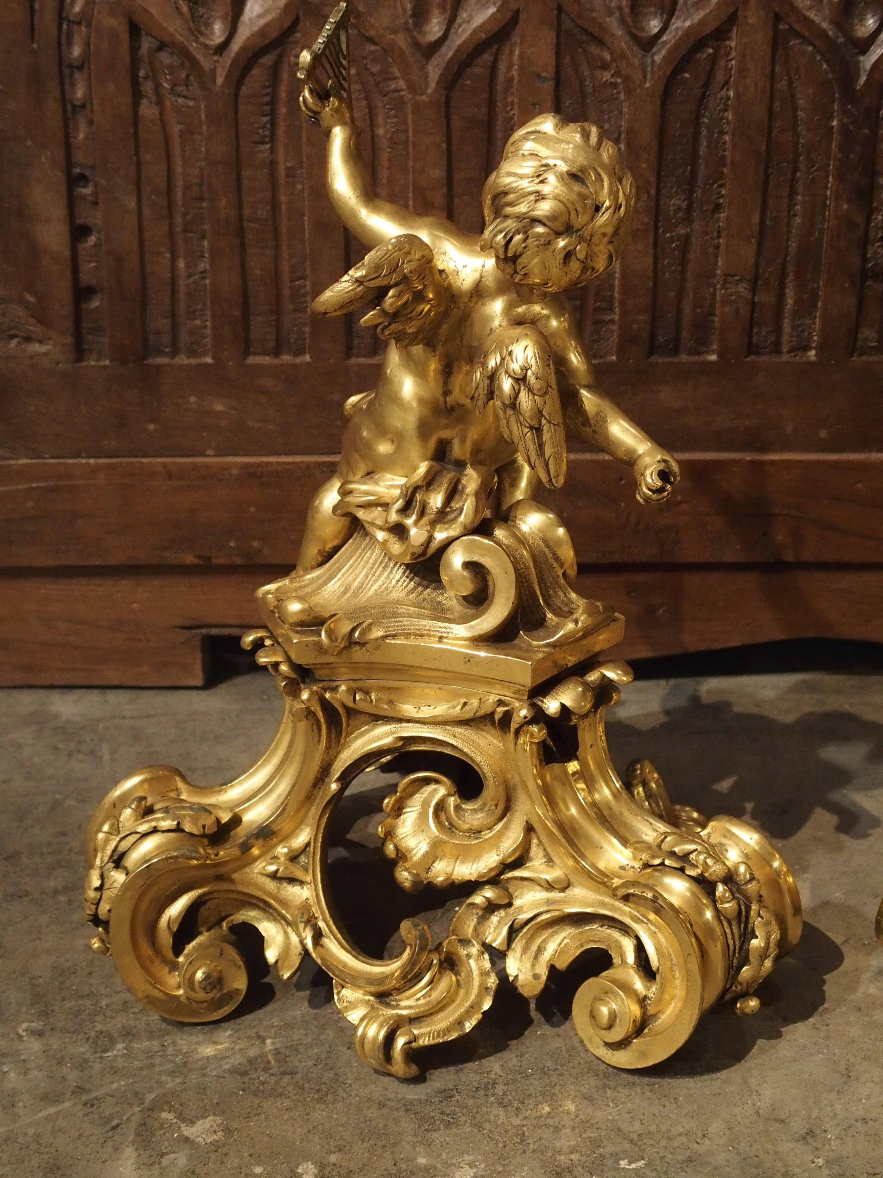 Pair of Antique Bronze Dore Cherub Chenets from France, 19th Century In Good Condition In Dallas, TX