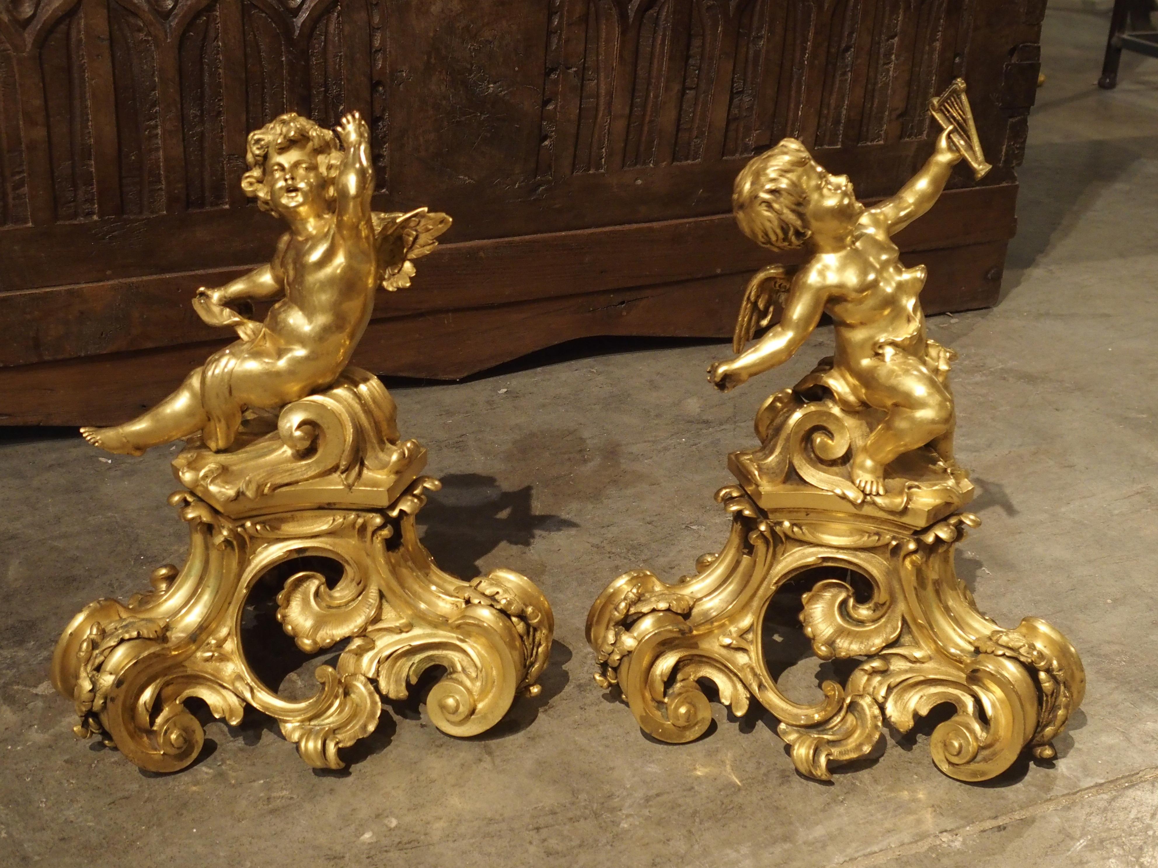 Pair of Antique Bronze Dore Cherub Chenets from France, 19th Century 3