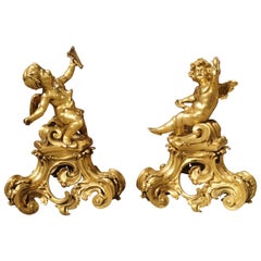 Pair of Antique Bronze Dore Cherub Chenets from France, 19th Century