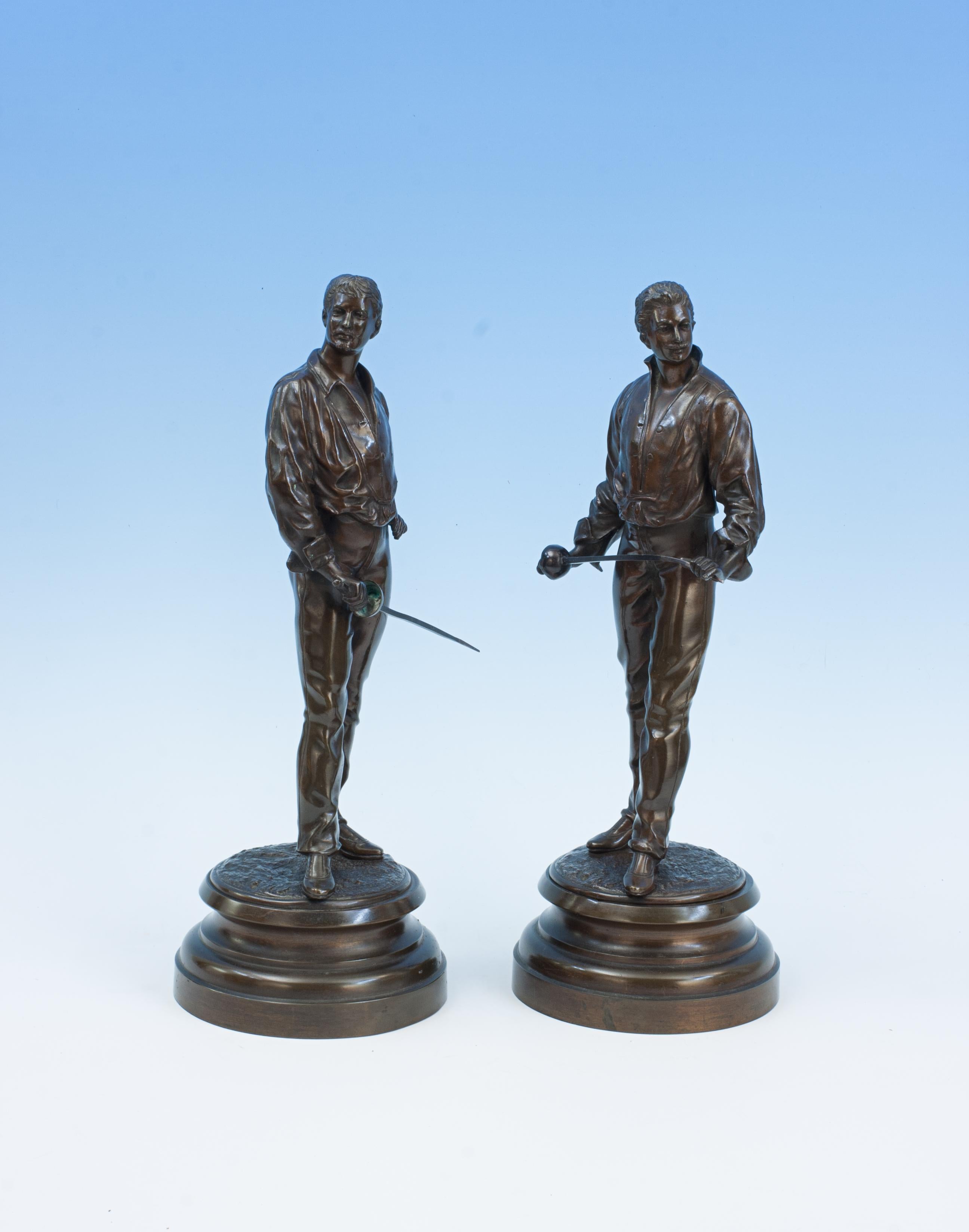 Antique Charles Masse Bronze Fencing Figures.
A wonderful pair of French fencing figures, Rene Charles Masse (1855-1913). These are not the larger sized figures made of spelter, but smaller, and made of bronze. It is very difficult to find fencing