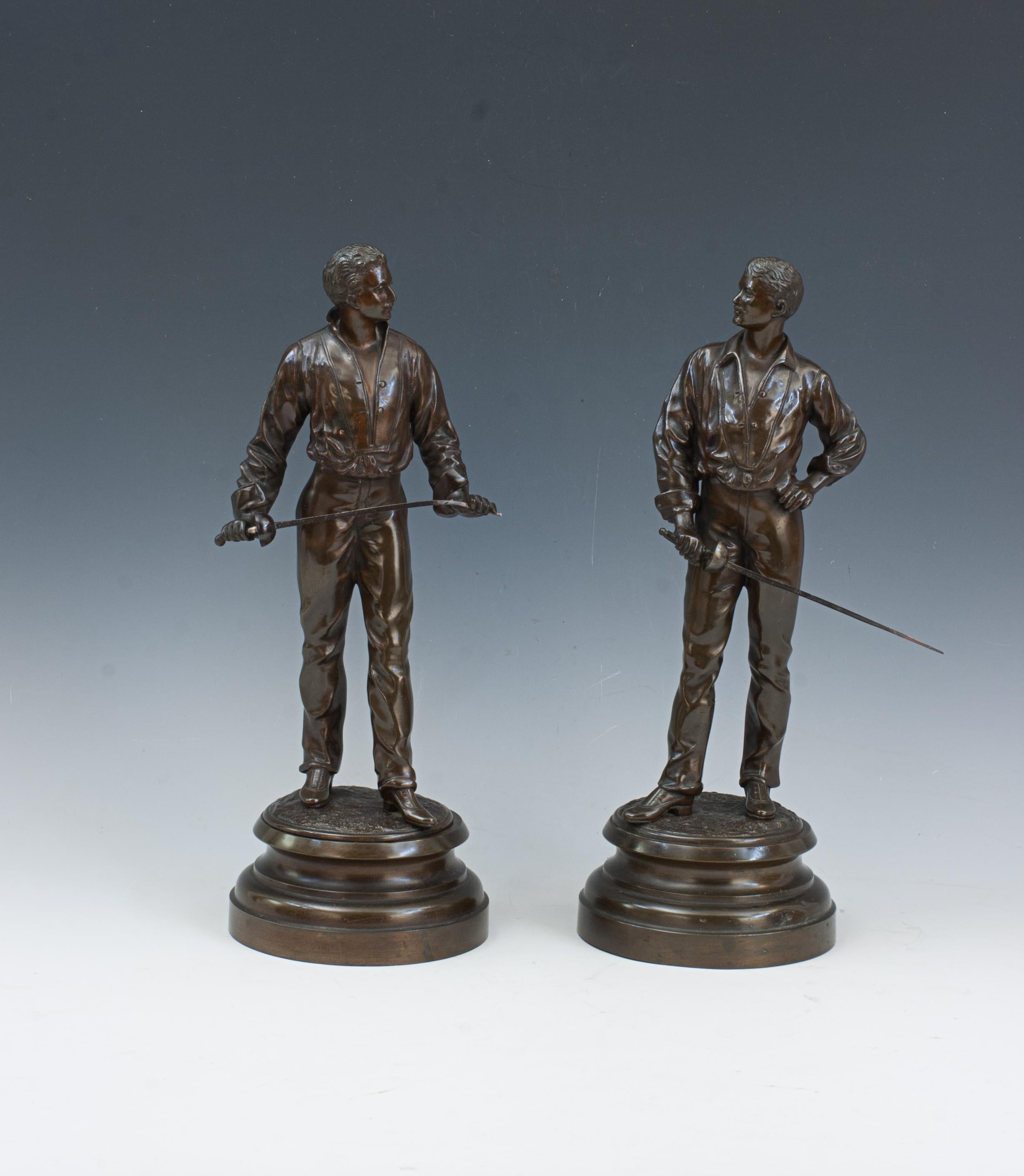 Sporting Art Pair Of Antique Bronze Fencing Figures For Sale