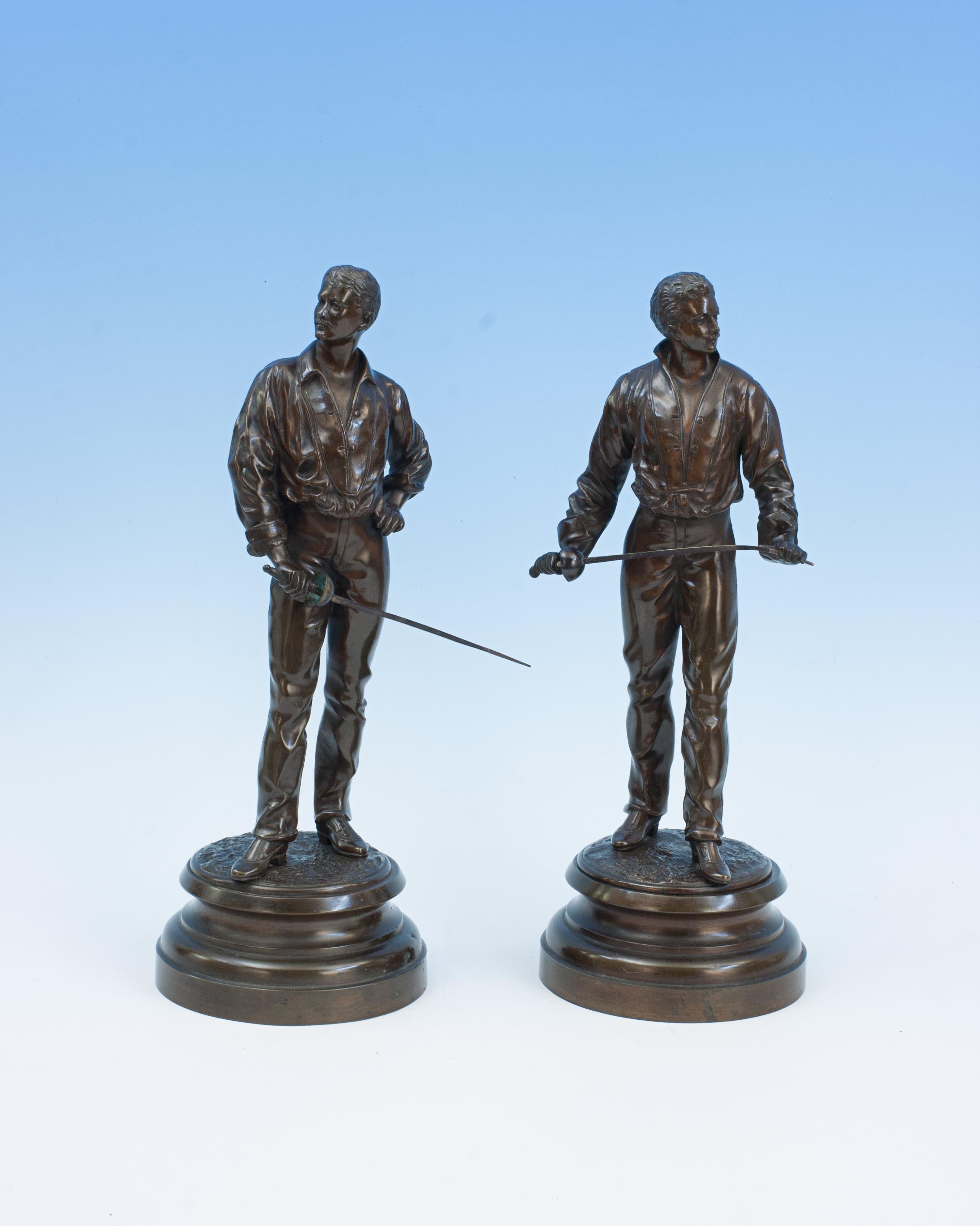 French Pair Of Antique Bronze Fencing Figures For Sale