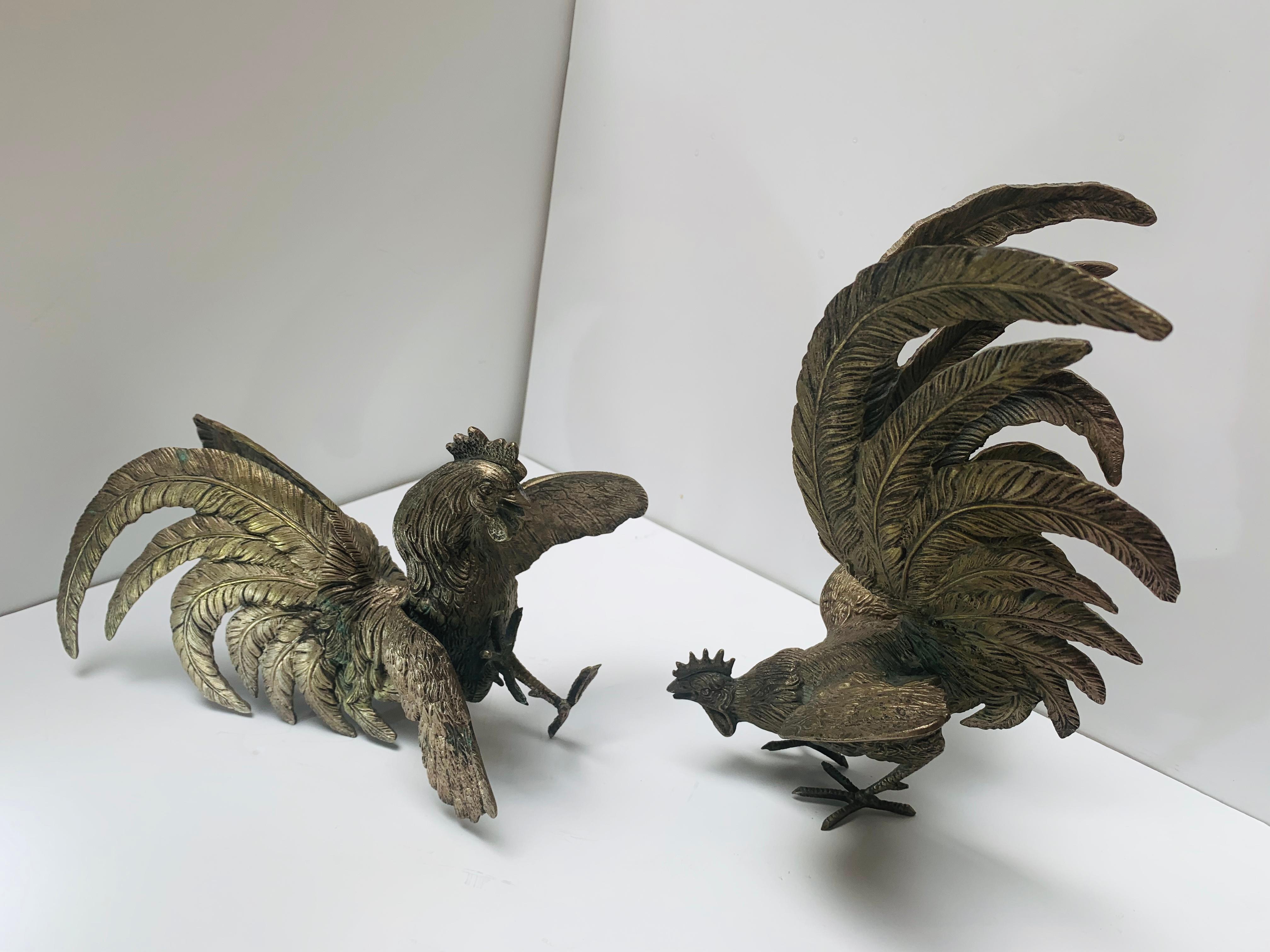 Antique set of fighting rooster sculptural art pieces / bookends.